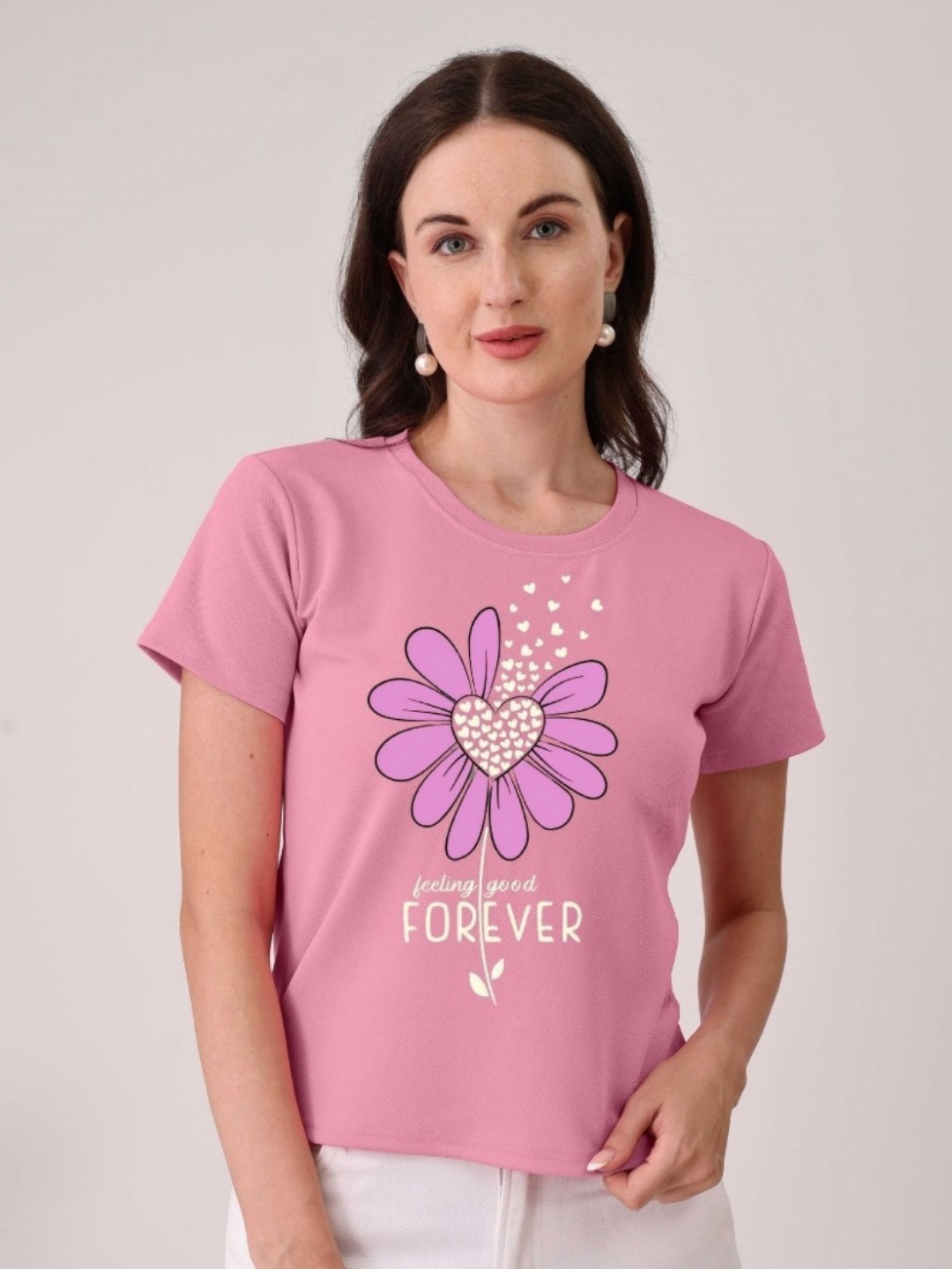 

Moda Rapido Women Floral Printed Round Neck Cotton T-shirt, Pink