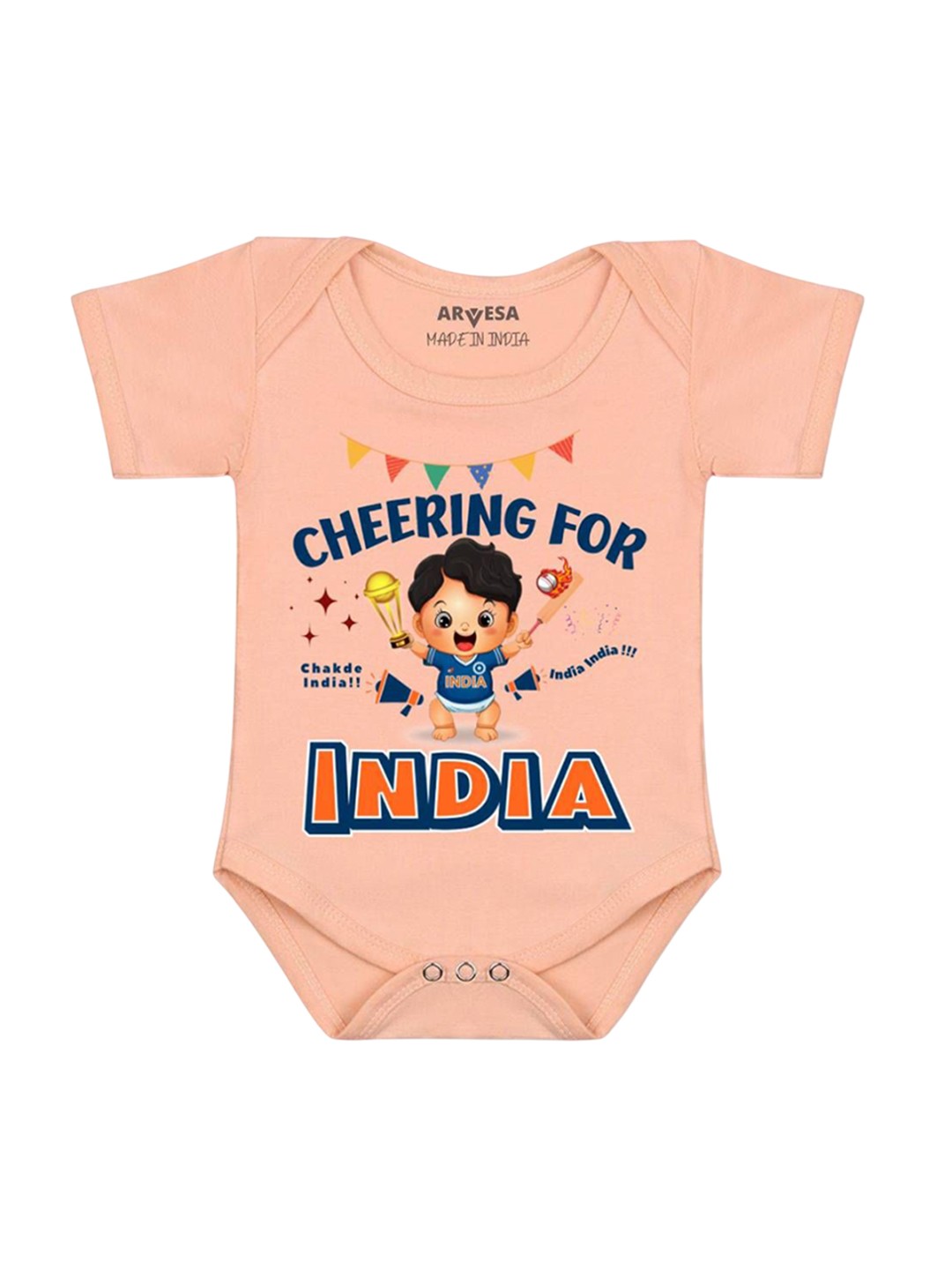 

Arvesa Kids Cheering For India Printed Cotton Romper, Peach