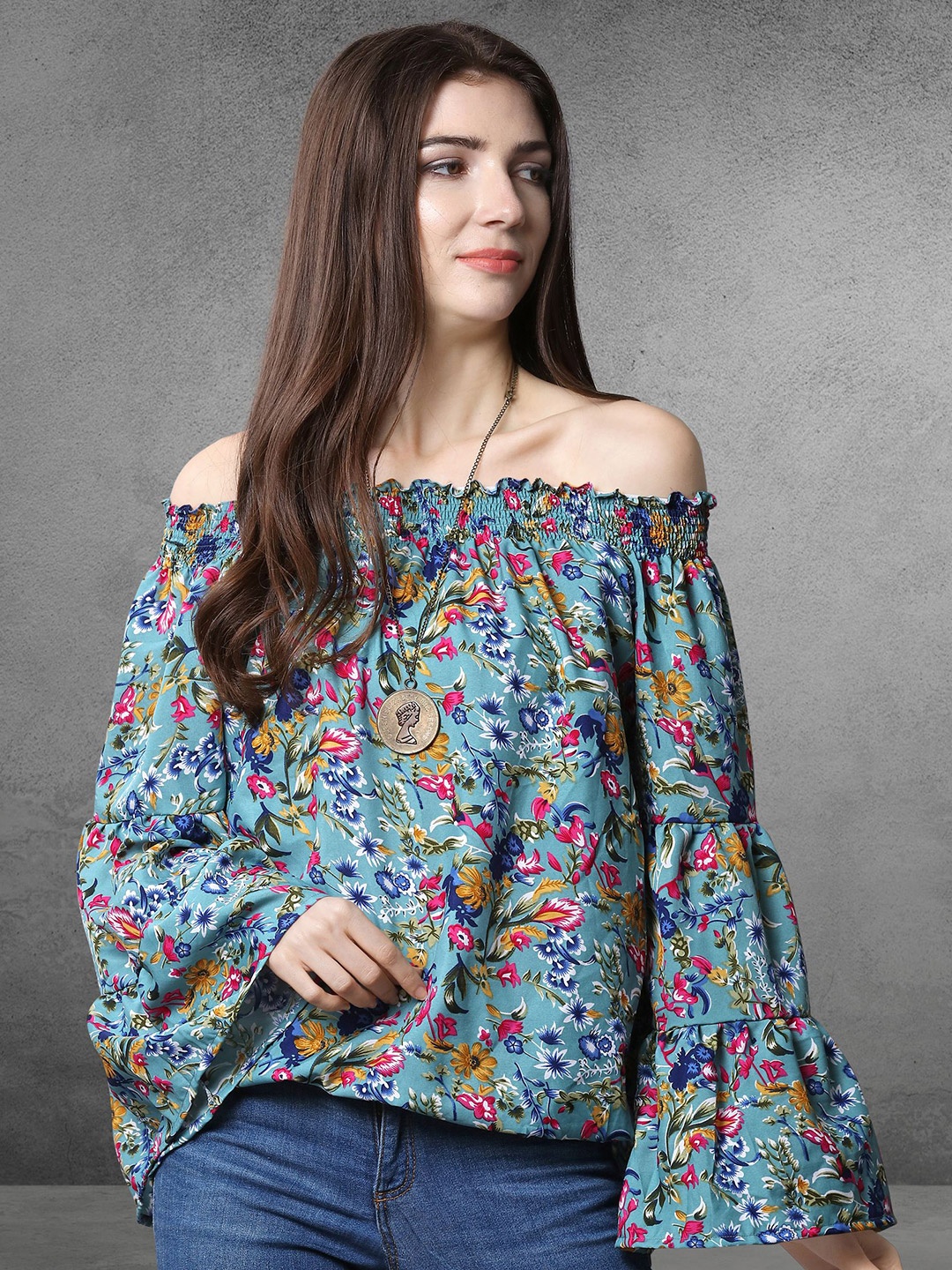 

Oomph! Floral Print Off-Shoulder Flared Sleeve Smocked Crepe Top, Blue