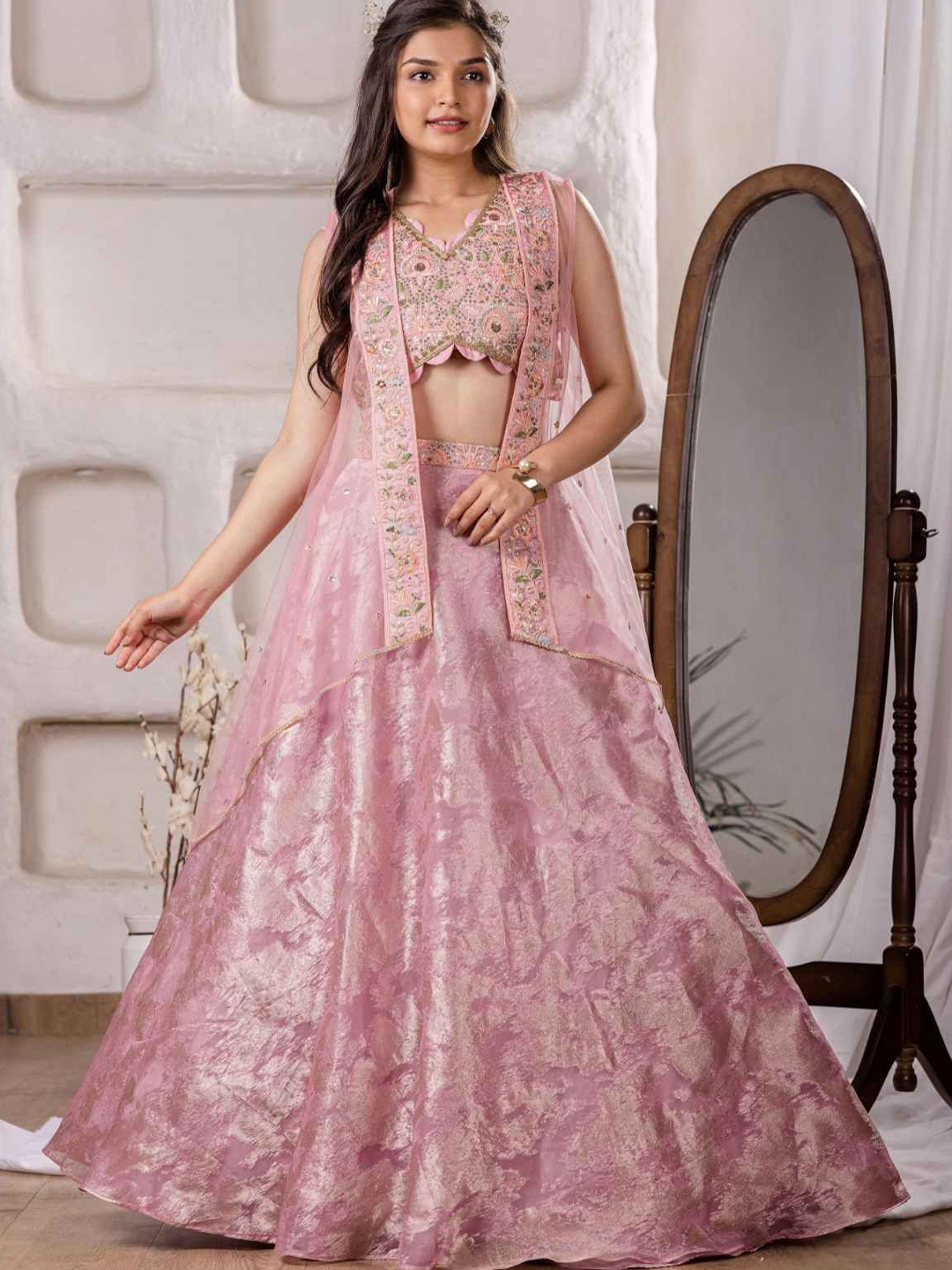 

Lagorii Luxe Girls Embroidered Sequinned Ready to Wear Lehenga Choli With Over Coat Set, Pink