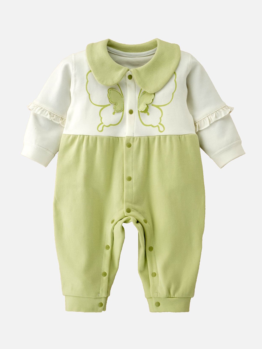 

Little Surprise Box LLP Kids Green & Cream Butterfly Full Sleeves Jumpsuit Style Romper