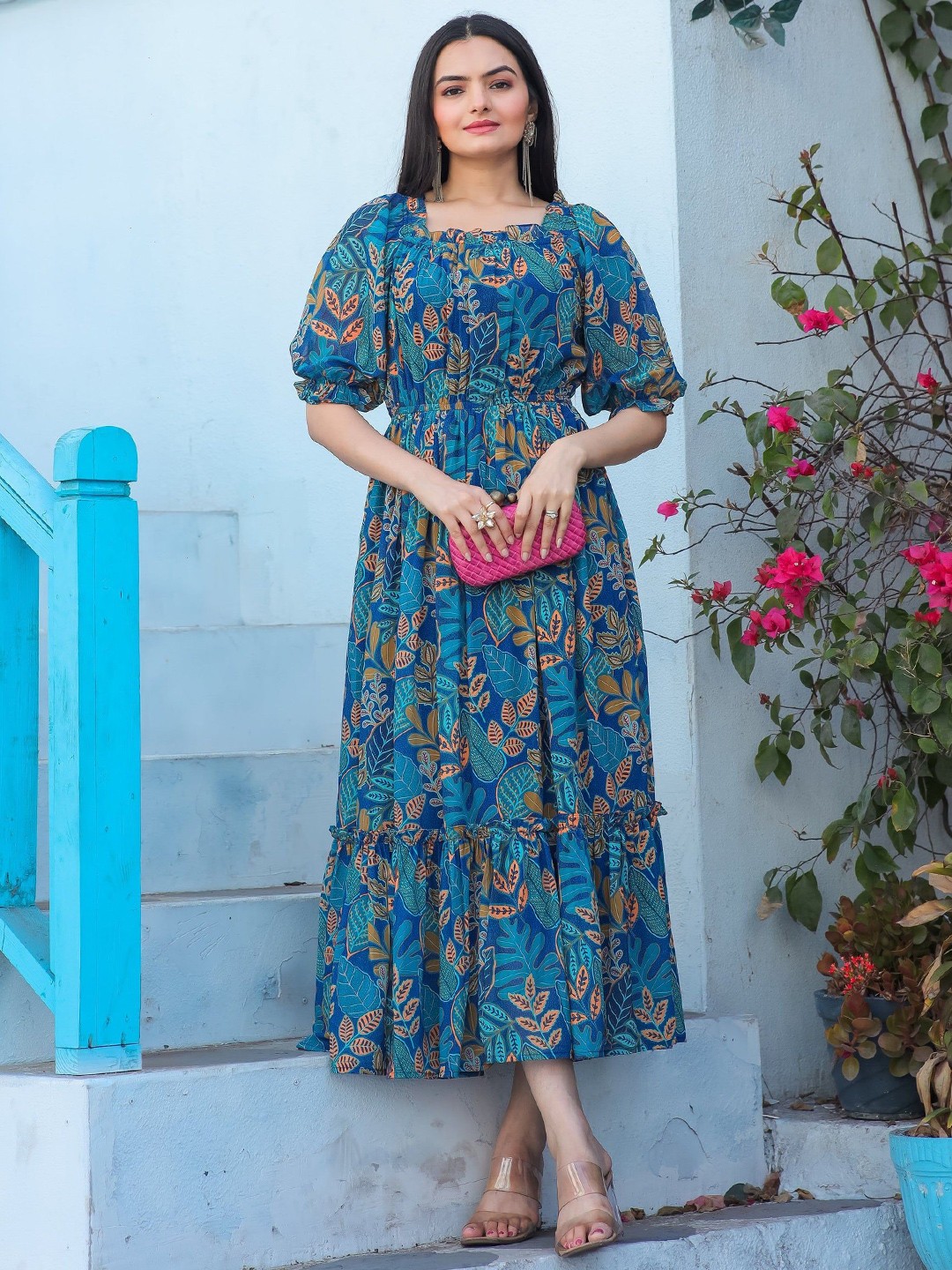 

Krunal Raiyani Floral Print Puff Sleeve Fit & Flare Midi Dress, Blue