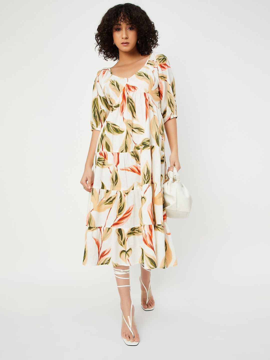 

max Tropical Print A-Line Midi Dress, Beige