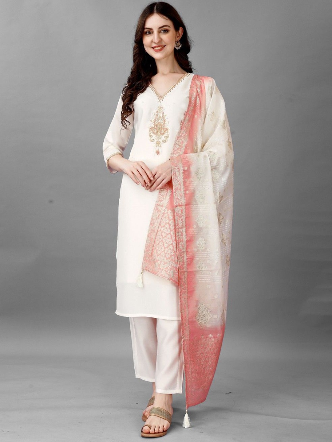 

ZEEPKART Floral Embroidered V-Neck Sequinned Straight Kurta With Trousers & Dupatta, White