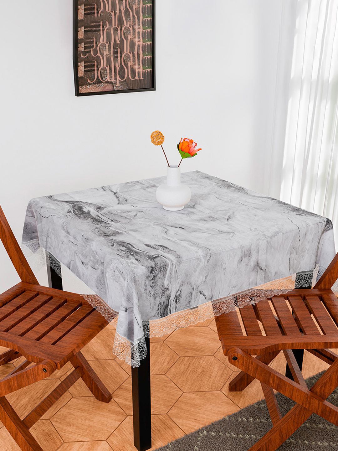 

Kuber Industries White & Grey Printed Anti-Skid 2-Seater Table Cover