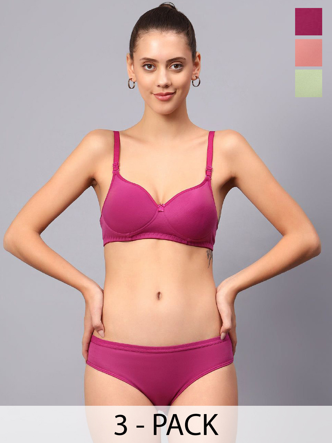

Designer Bugs Pack Of 3 Cotton Non Padded Non Wired Lingerie Set NPLS-RG-DP-LG-30B, Rose gold
