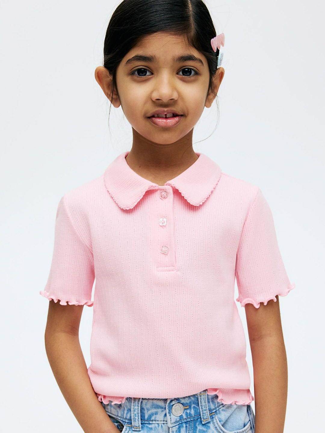 

H&M Ribbed Pointelle Jersey Top, Pink