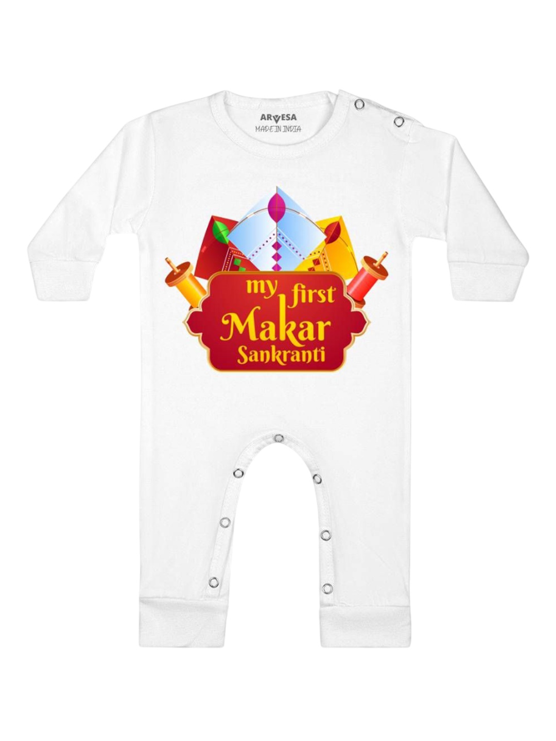 

Arvesa First Makar sankranti Printed Baby Romper, White