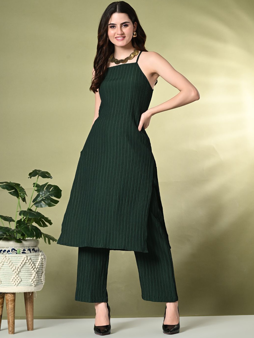 

KALINI Self Design Shoulder Straps Straight Kurta With Palazzos, Green