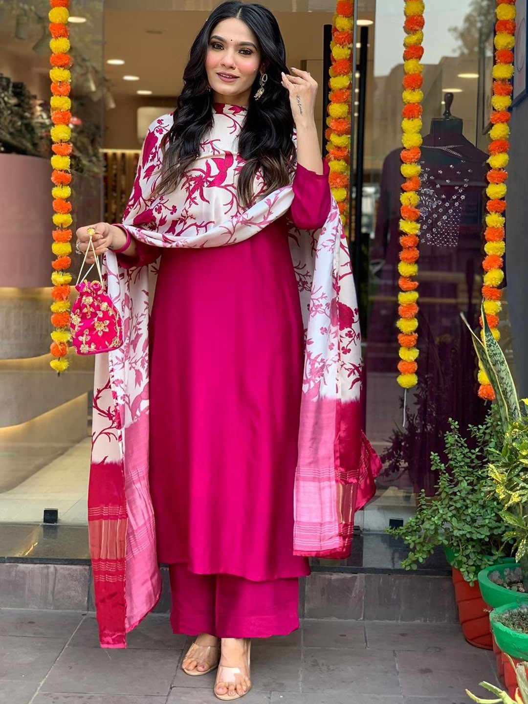 

A.V.M. SILK MILLS Women Floral Embroidered Regular Kurta with Trousers & With Dupatta, Pink