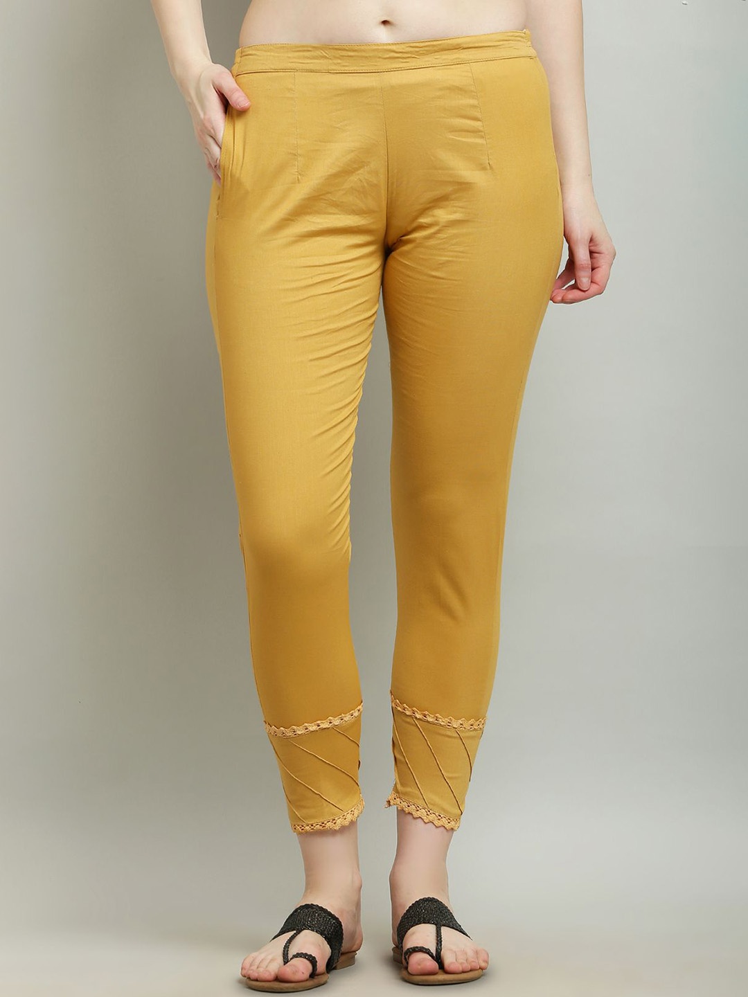 

Sellingsea Women Pintuck Detail Trouser with Lace Work, Beige
