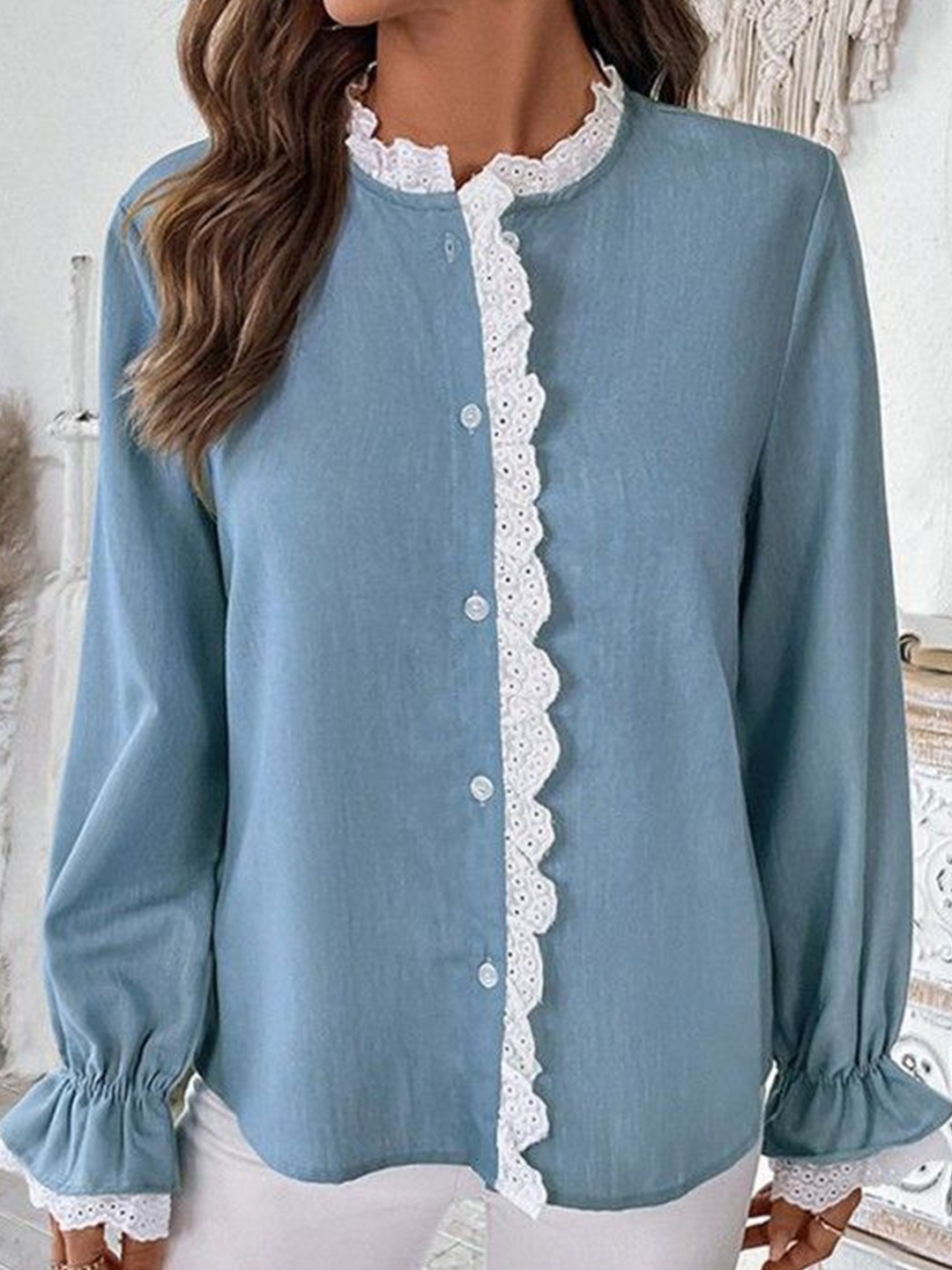 

DressBerry Mandarin Collar Bell Sleeve Top, Blue