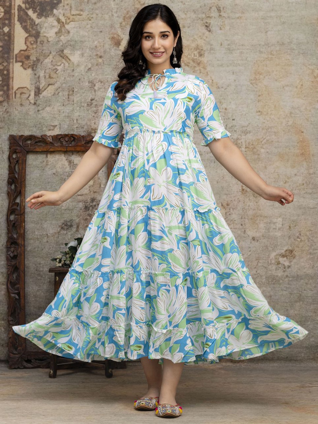 

Henal Floral Print Tie-Up Neck Maternity Fit & Flare Midi Dress, White