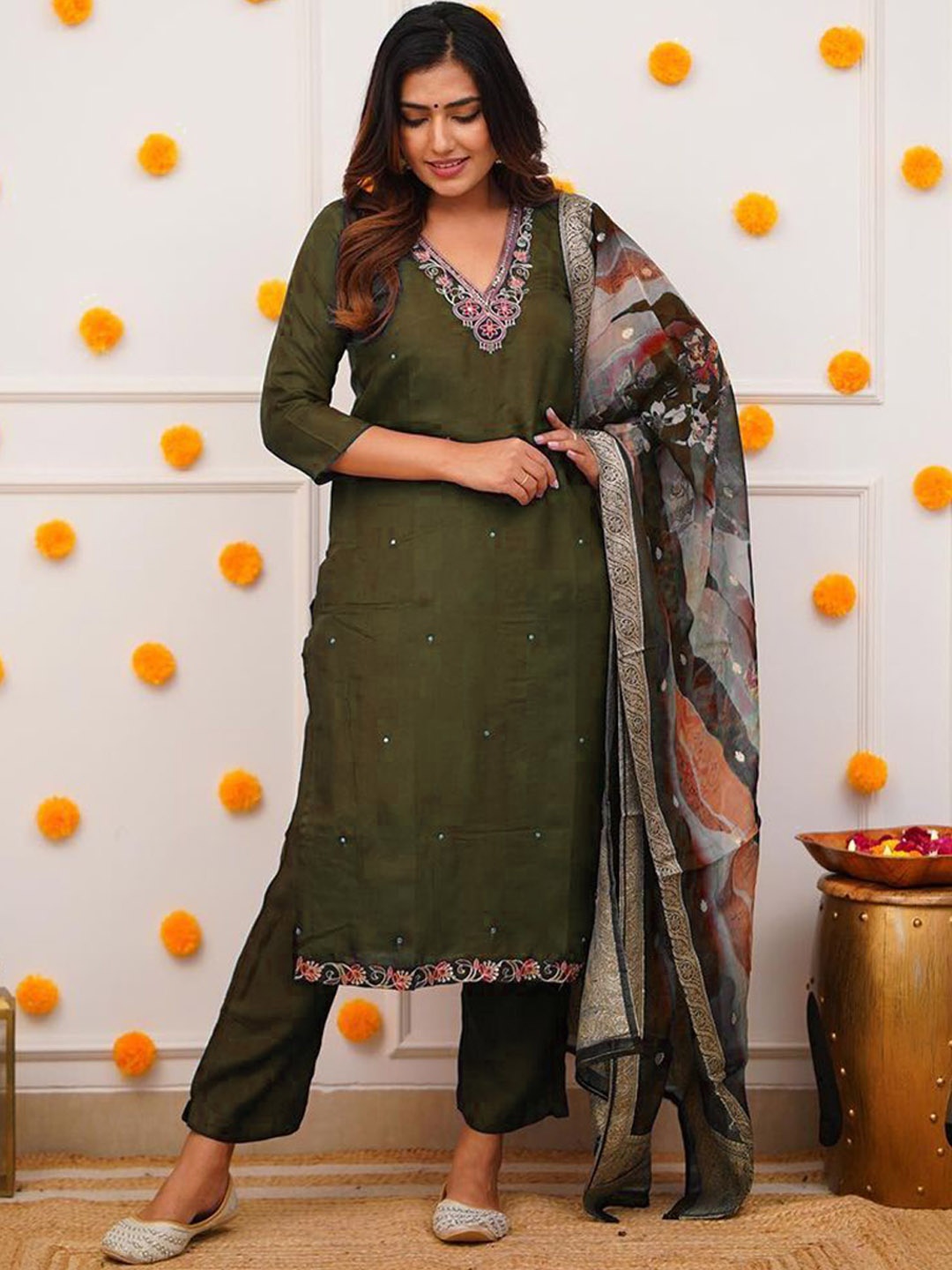 

ZEEPKART Ethnic Motifs Embroidered V-Neck Beads And Stones Kurta With Trouser & Dupatta, Olive