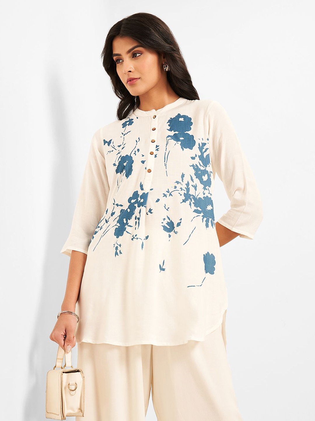 

RANGMANCH BY PANTALOONS Mandarin Collar Tunic, Blue