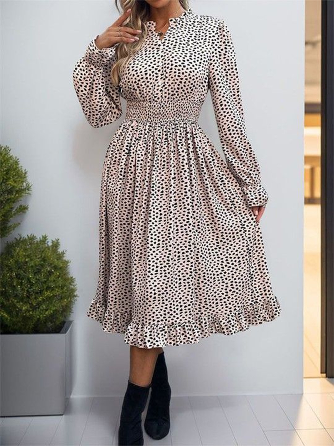 

DressBerry Animal Print Puff Sleeve Empire Midi Dress, Pink