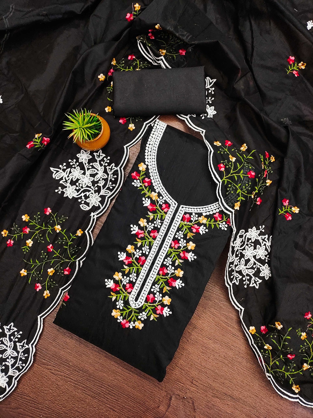 

SAINOOR Floral Embroidered Chanderi Cotton Semi-Stitched Dress Material, Black