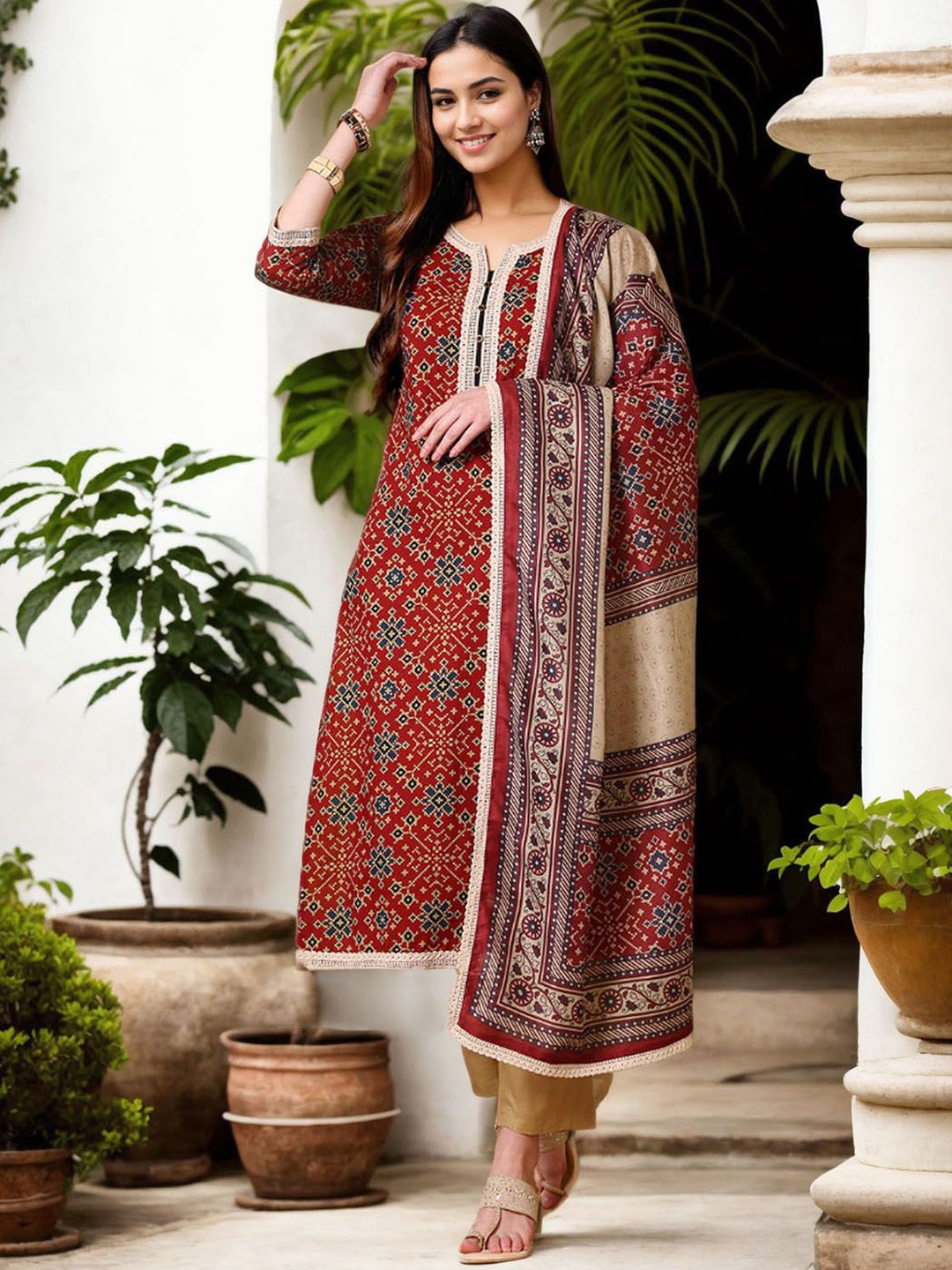 

Anouk Ethnic Motifs Printed Notch-Neck Pure Cotton Kurta With Trousers And Dupatta, Rust
