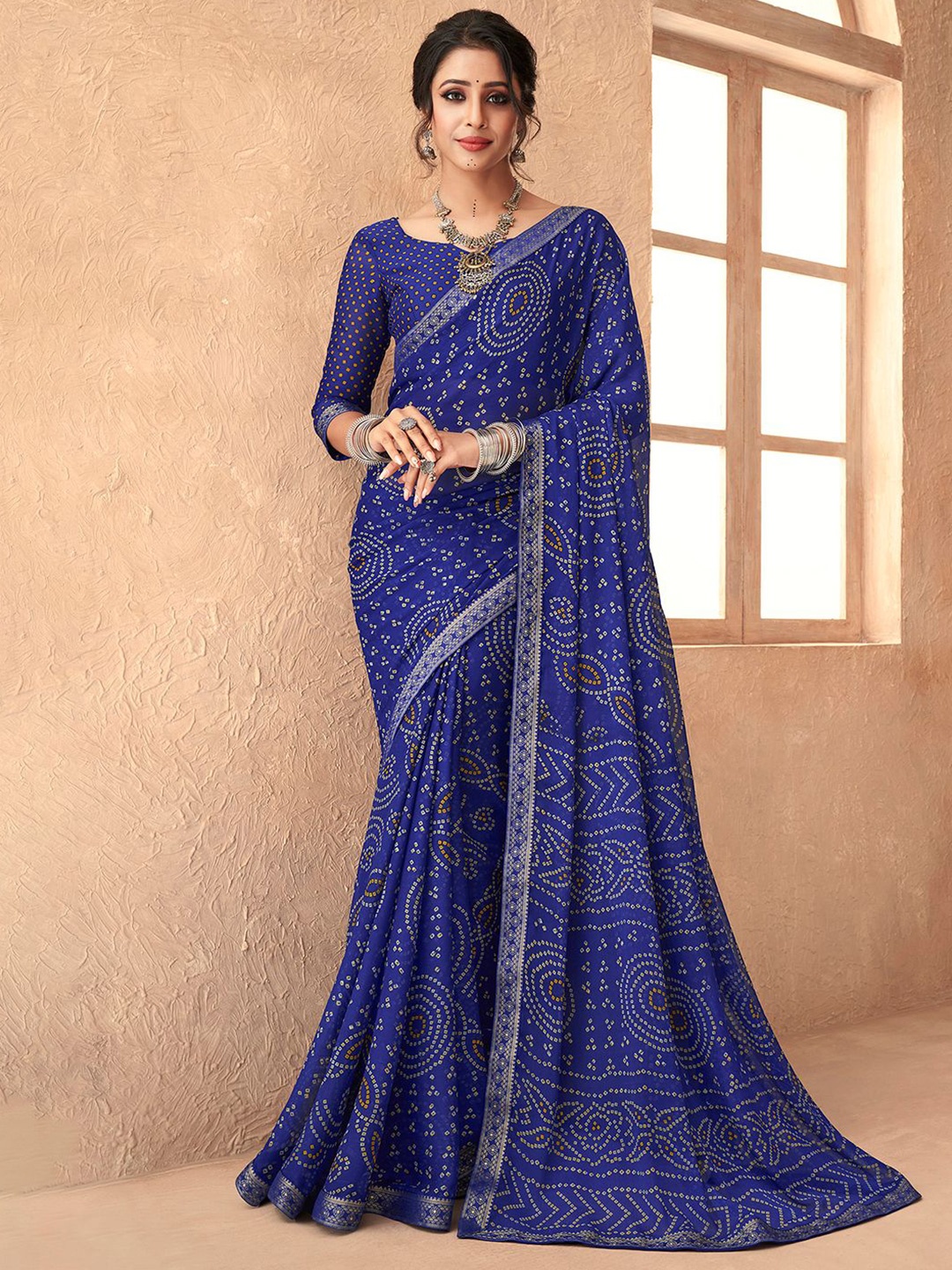

Mitera Bandhani Poly Chiffon Bandhani Saree, Blue