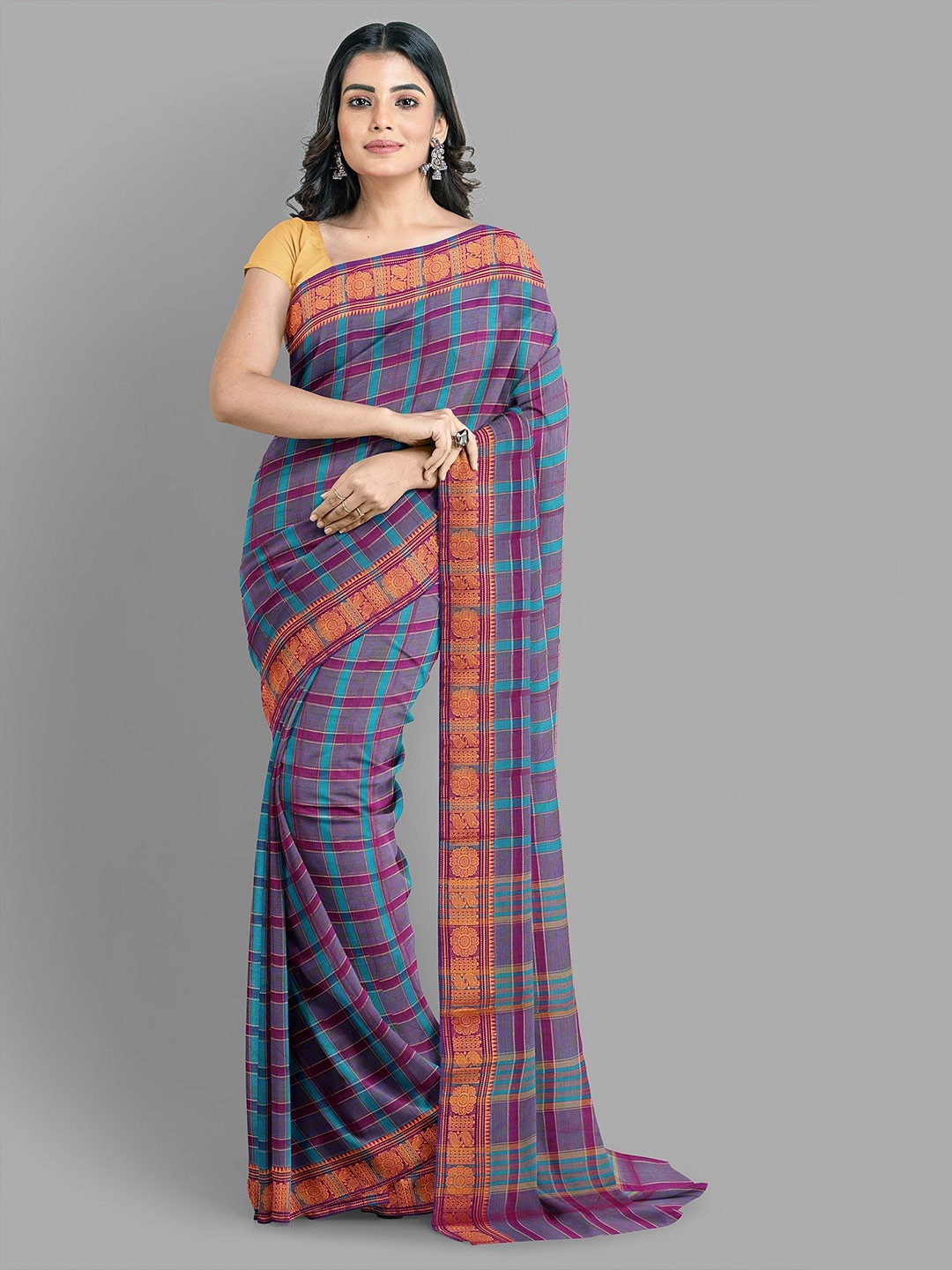 

The Chennai Silks Checked Zari Pure Cotton Chettinad Saree, Blue