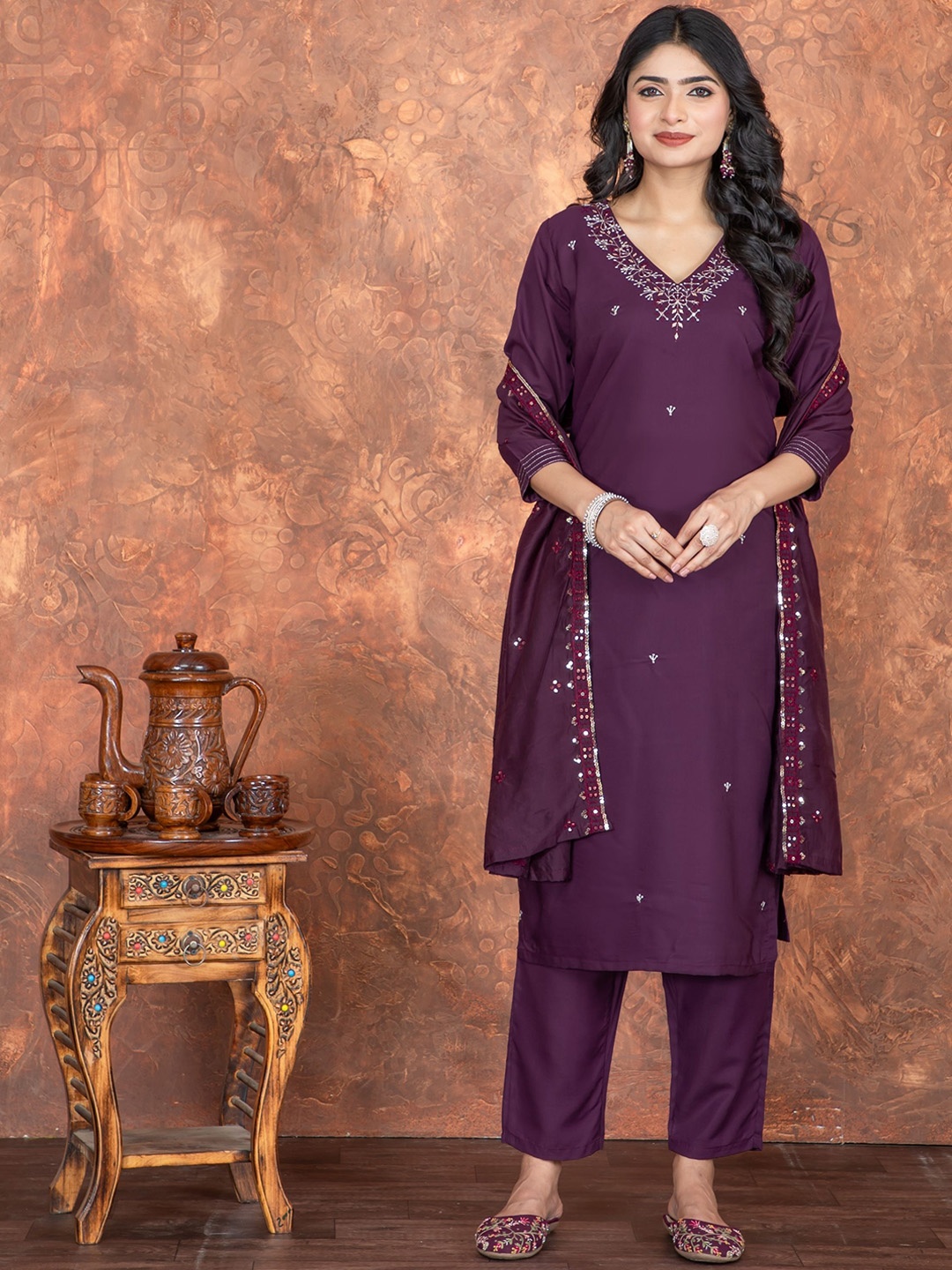 

NIZA FASHION Women Ethnic Motifs Embroidered Regular Kurta with Trousers & With Dupatta, Purple