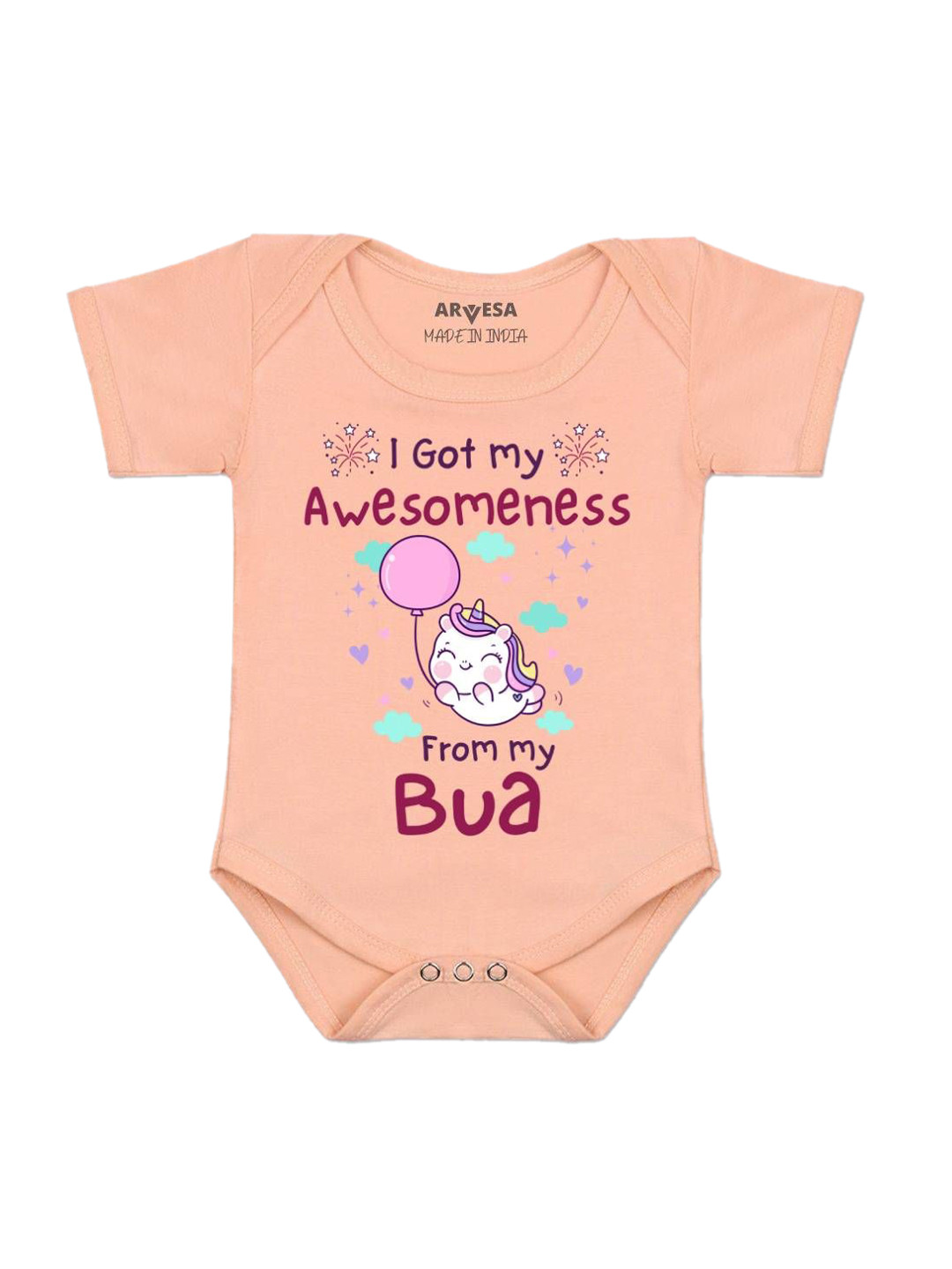 

Arvesa Unisex I Got Awesomeness From Bua Printed Romper, Peach