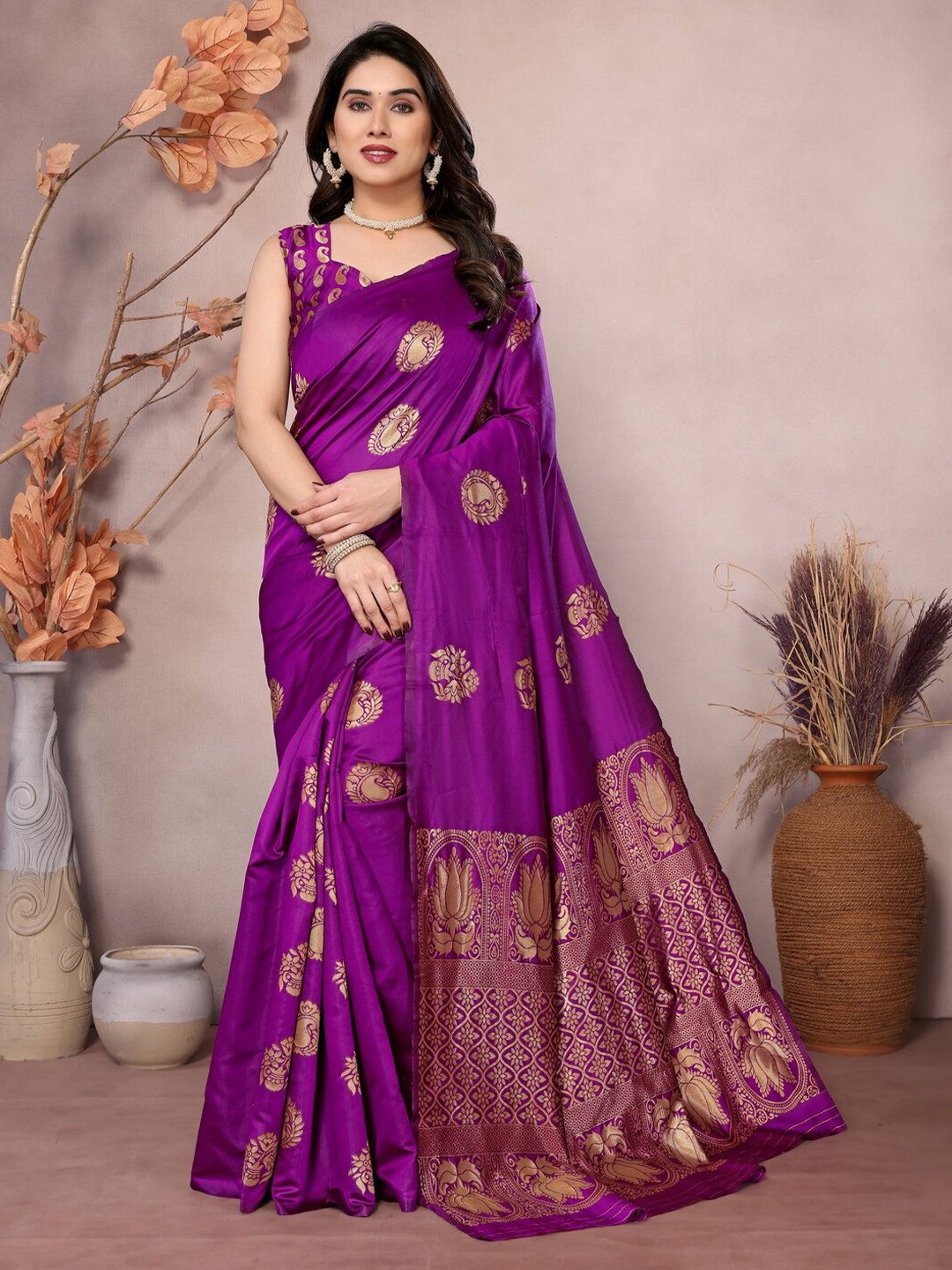 

PEORA'S CLOSET Ethnic Motifs Silk Blend Banarasi Saree, Lavender