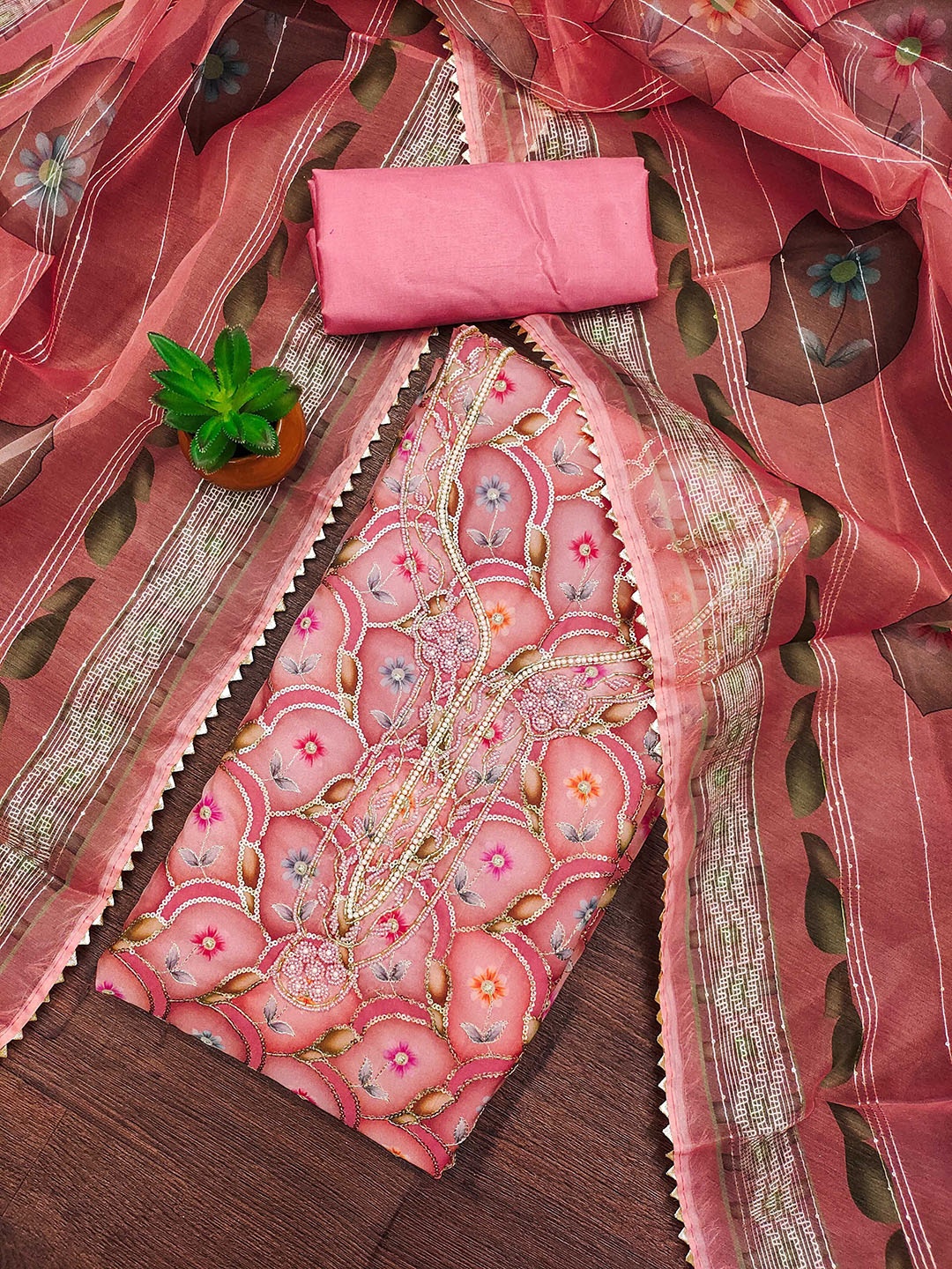 

SAINOOR Floral Printed Beads and Stones Organza Semi-Stitched Dress Material, Pink