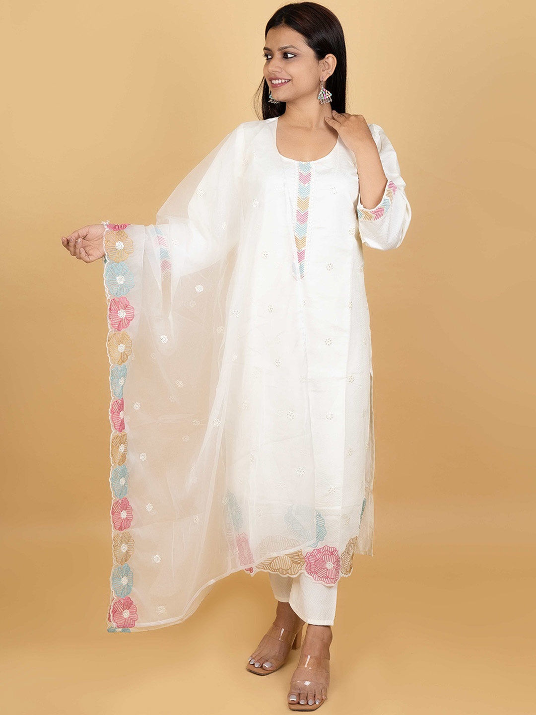 

The Kalakriti House Floral Embroidered Thread Work Straight Kurta With Trousers & Dupatta, White