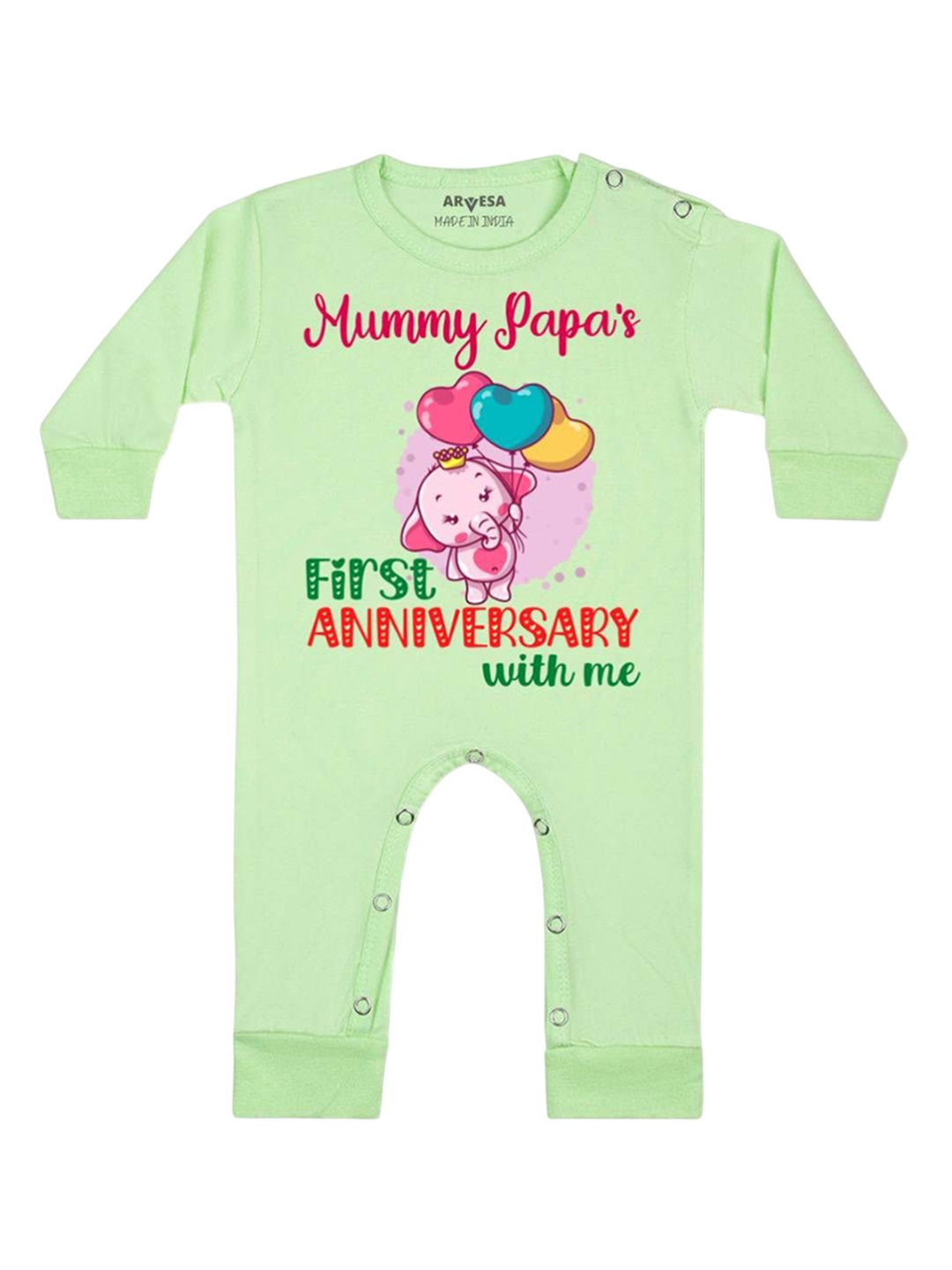 

Arvesa Kids Mummy Papa First Anniversary With Me Printed Baby Romper, Green