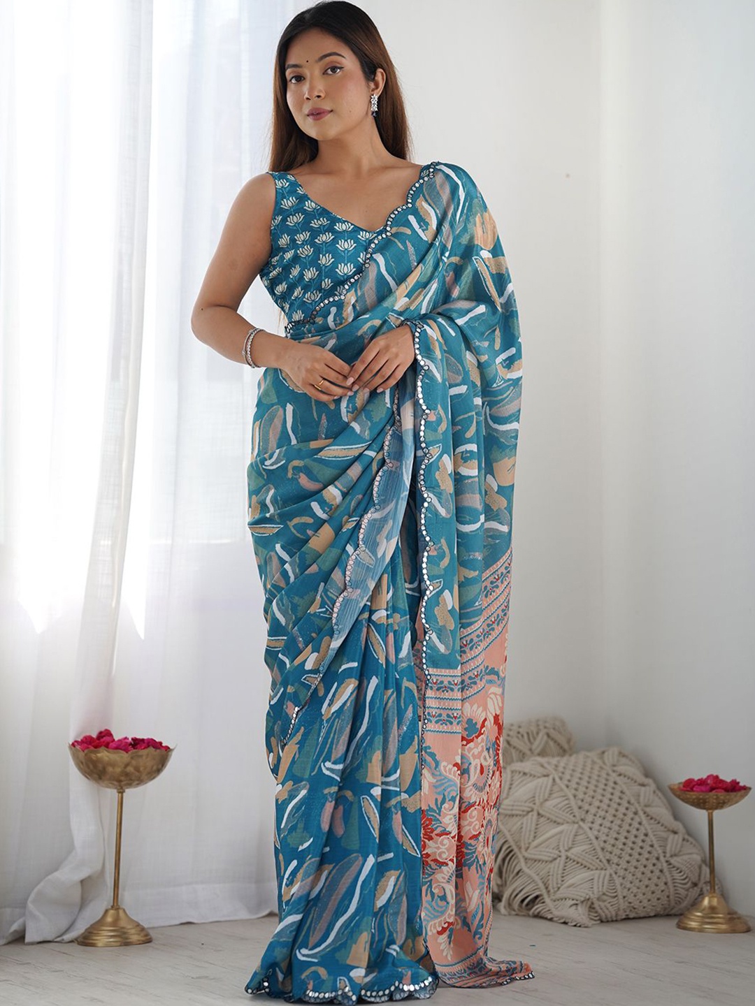 

DIVASTRI Mirror Work Poly Chiffon Saree, Blue