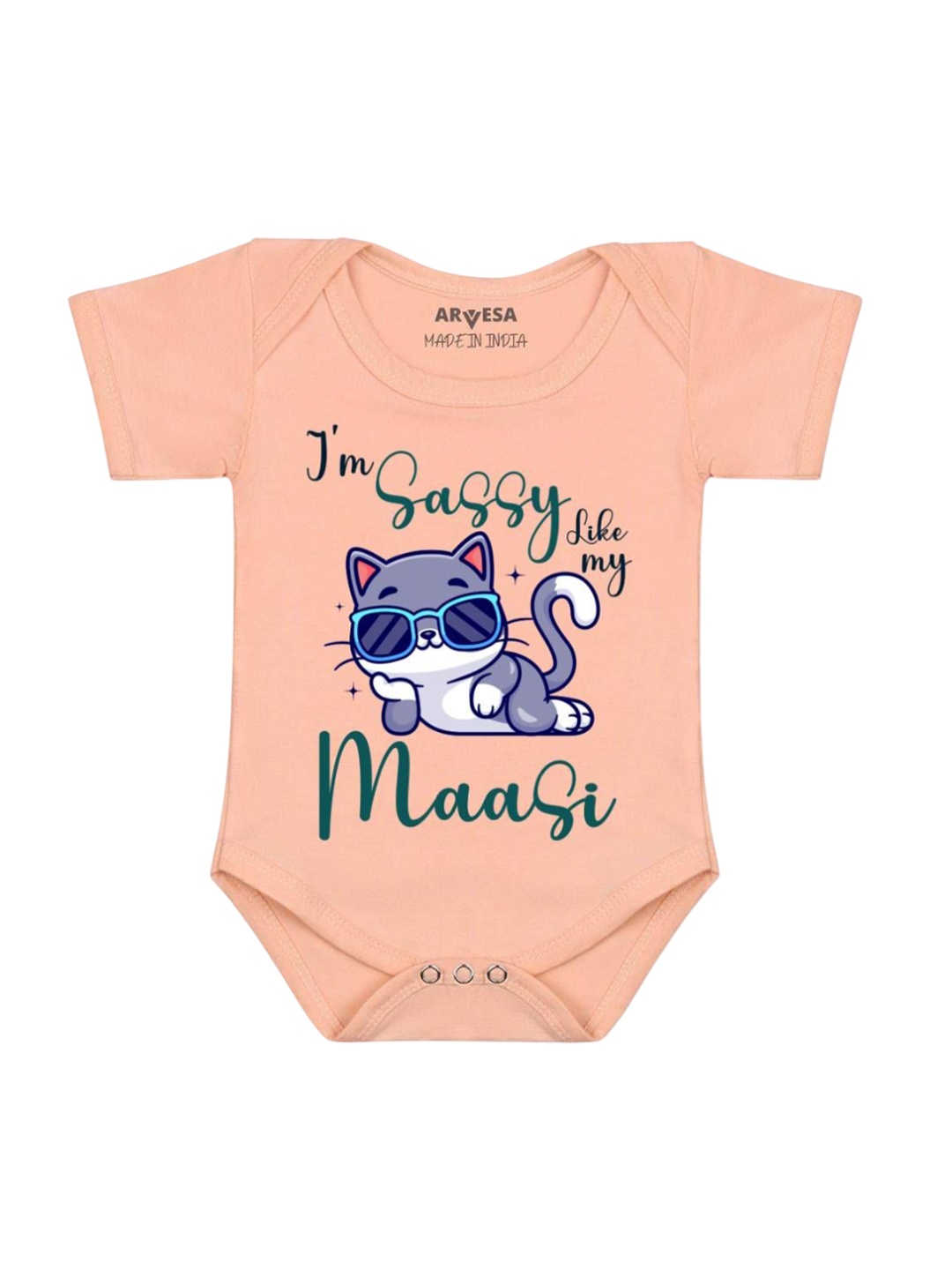 

Arvesa Kids I Am Sassy Like My Bua Printed Envelope Neck Short Sleeves Romper, Peach