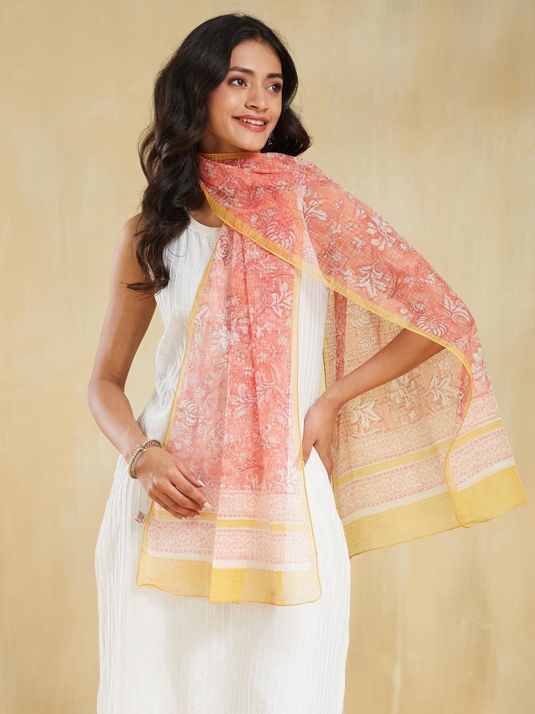 

Fabindia Women Printed Stole, Peach