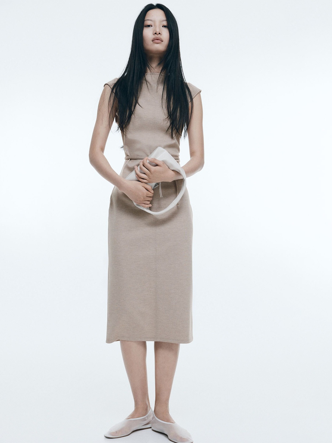 

H&M Belted Cap-Sleeved Dress, Beige