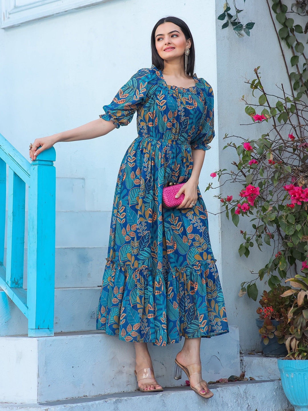 

Jash Creation Floral Print Crepe Fit & Flare Maxi Dress, Blue