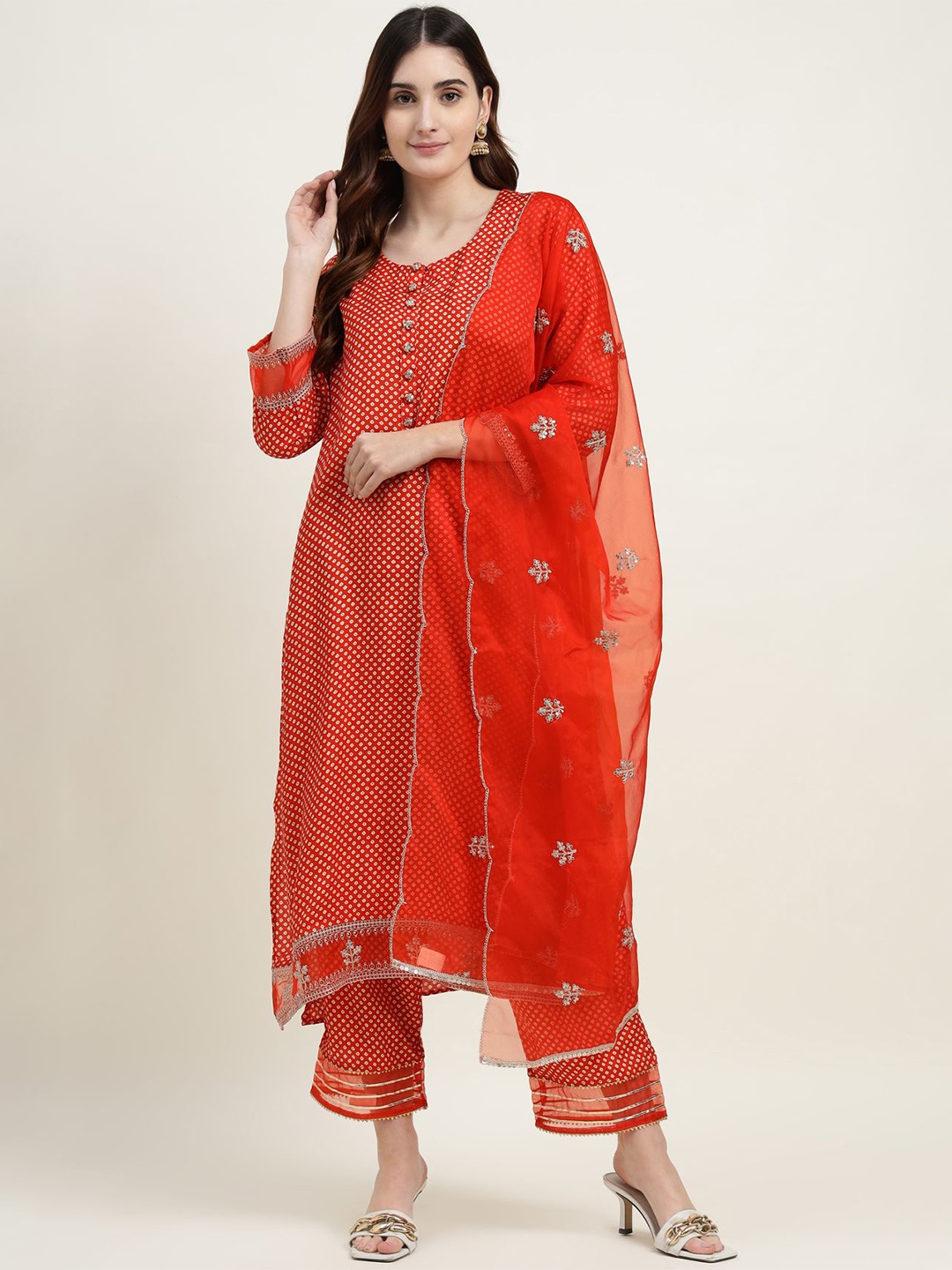 

ZARI Women Bandhani Printed Regular Thread Work Kurta with Trousers & With Dupatta, Red