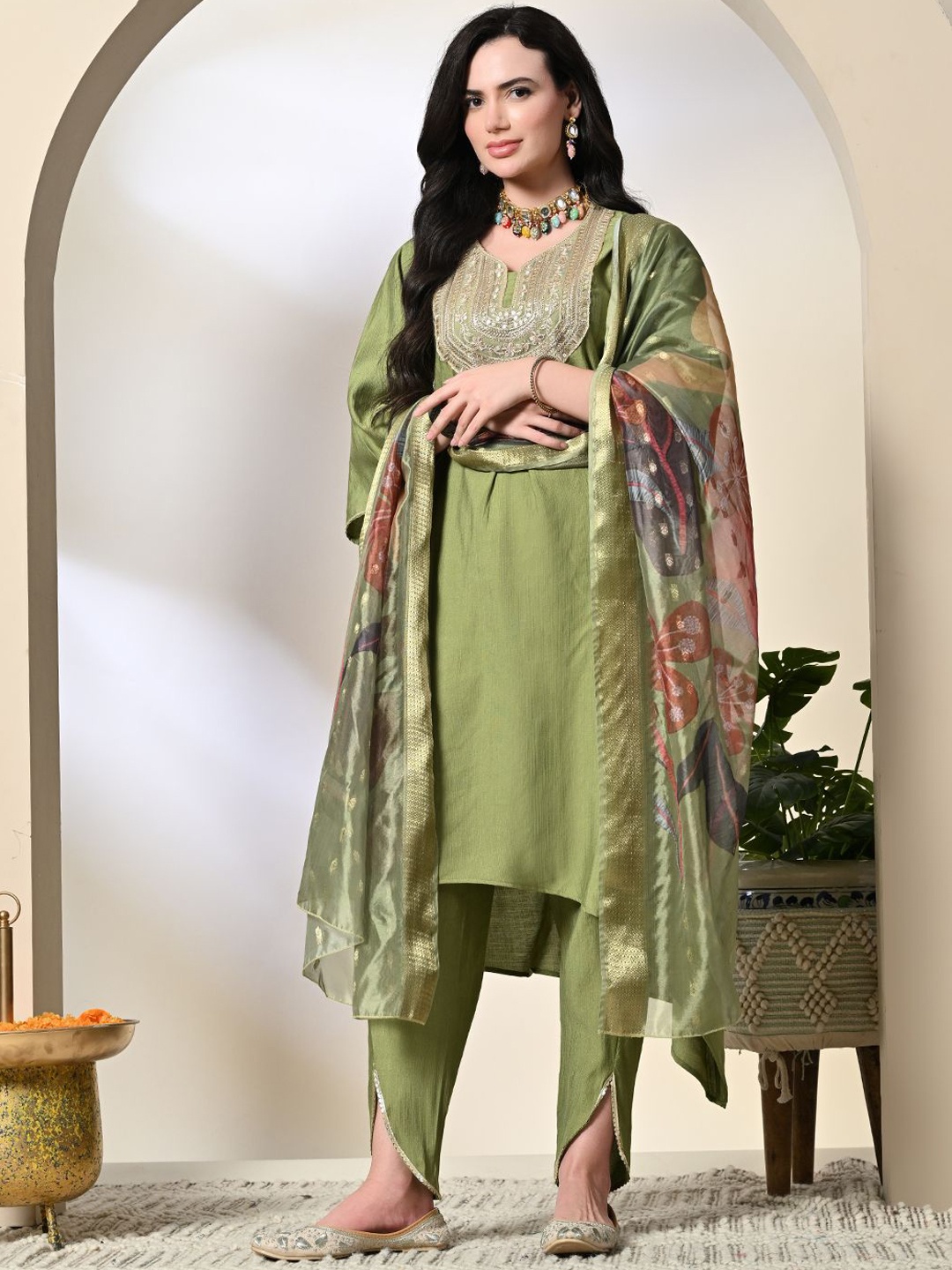 

KALINI Floral Embroidered Sequinned V-Neck A-Line Kurta with Dhoti Pants & Dupatta, Green