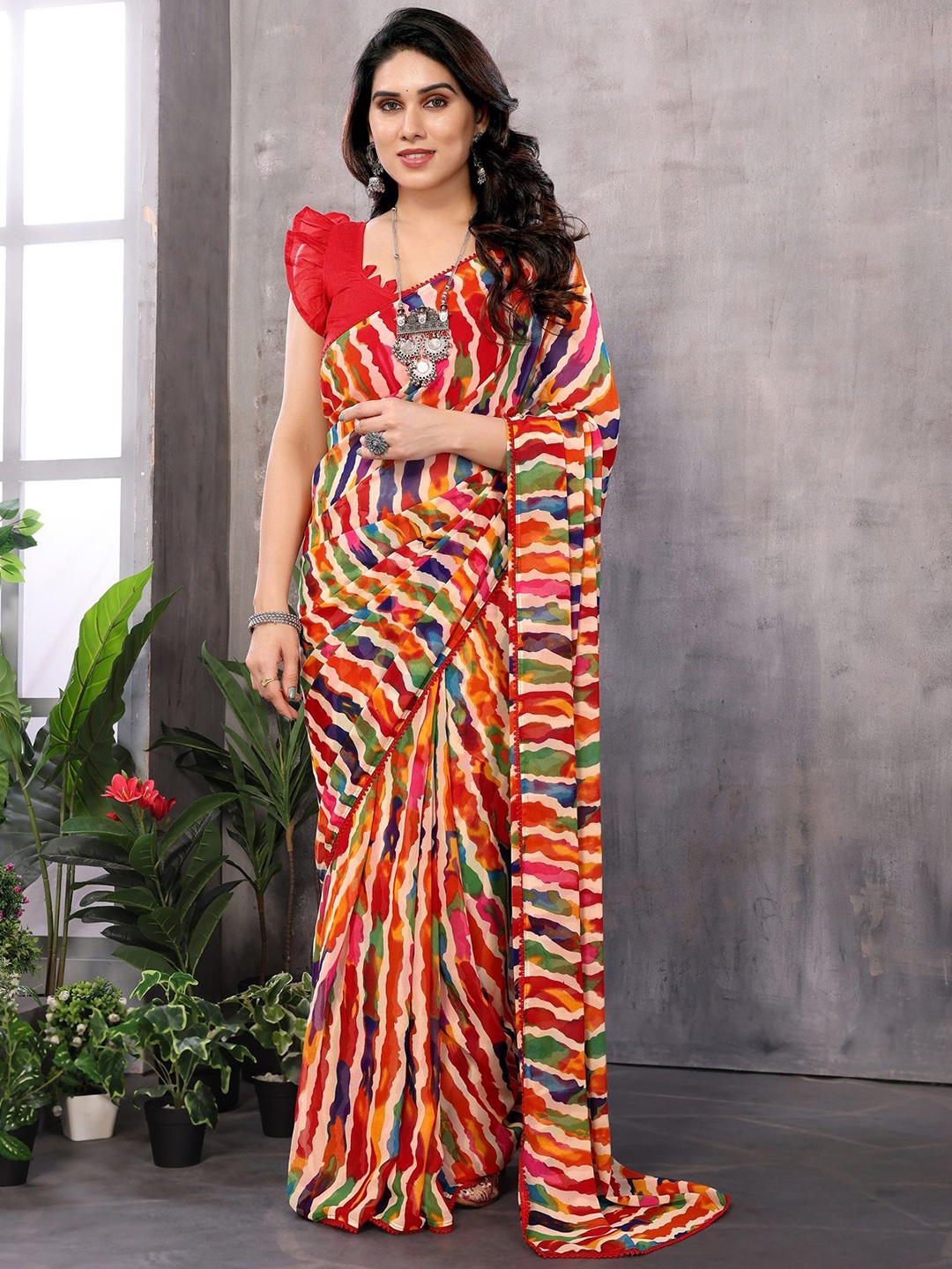 

Fashion FRICKS Leheriya Poly Georgette Ready to Wear Saree, Red
