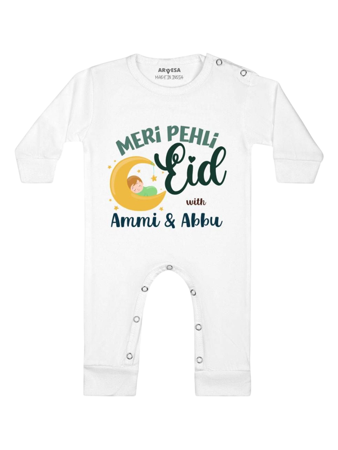 

Arvesa Infants Meri Pehli Eid With Ammi & Abbu Printed Bodysuit, White