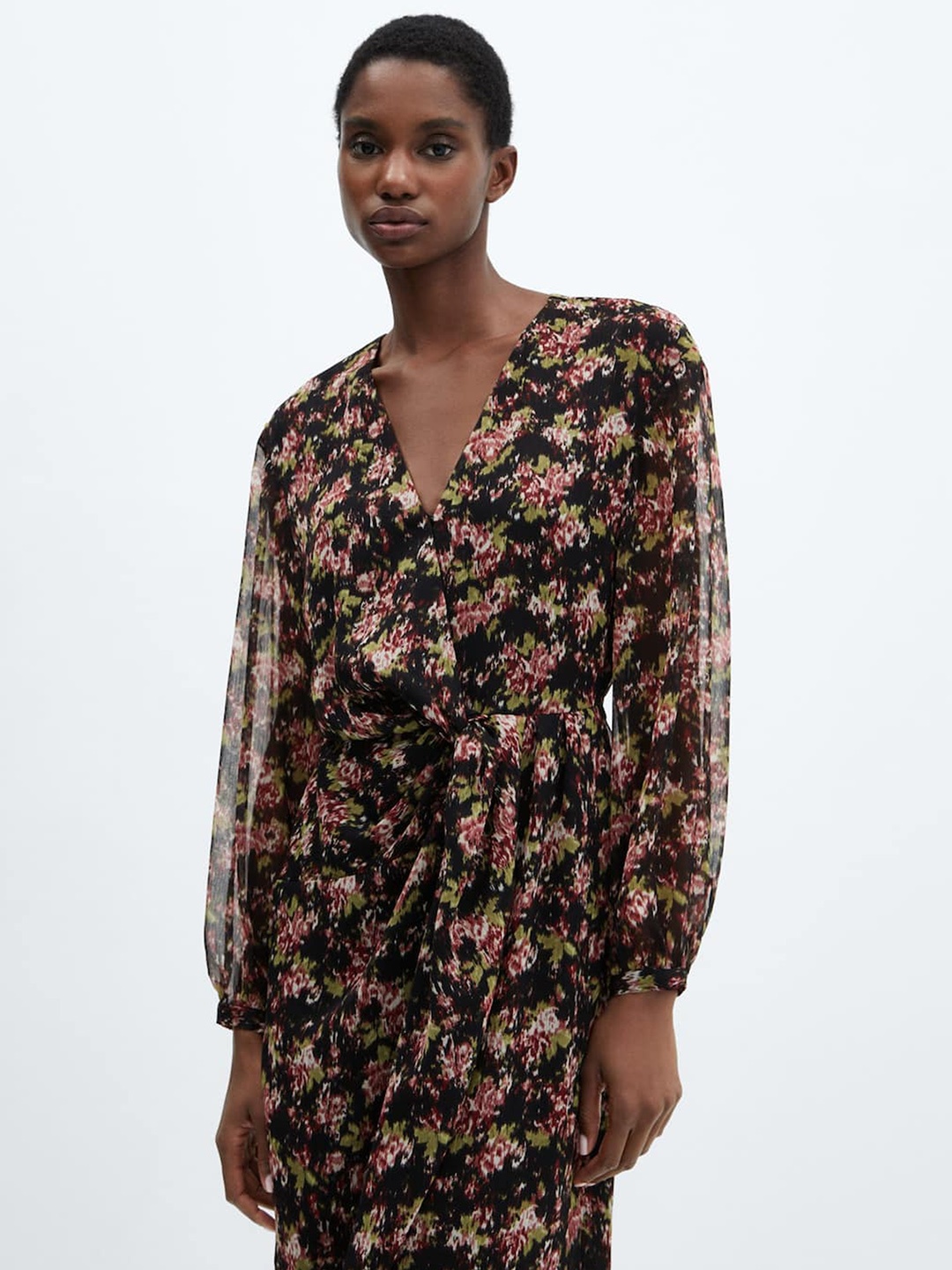 

MANGO Front Knot Printed Puff Sleeve Midi Dress, Black