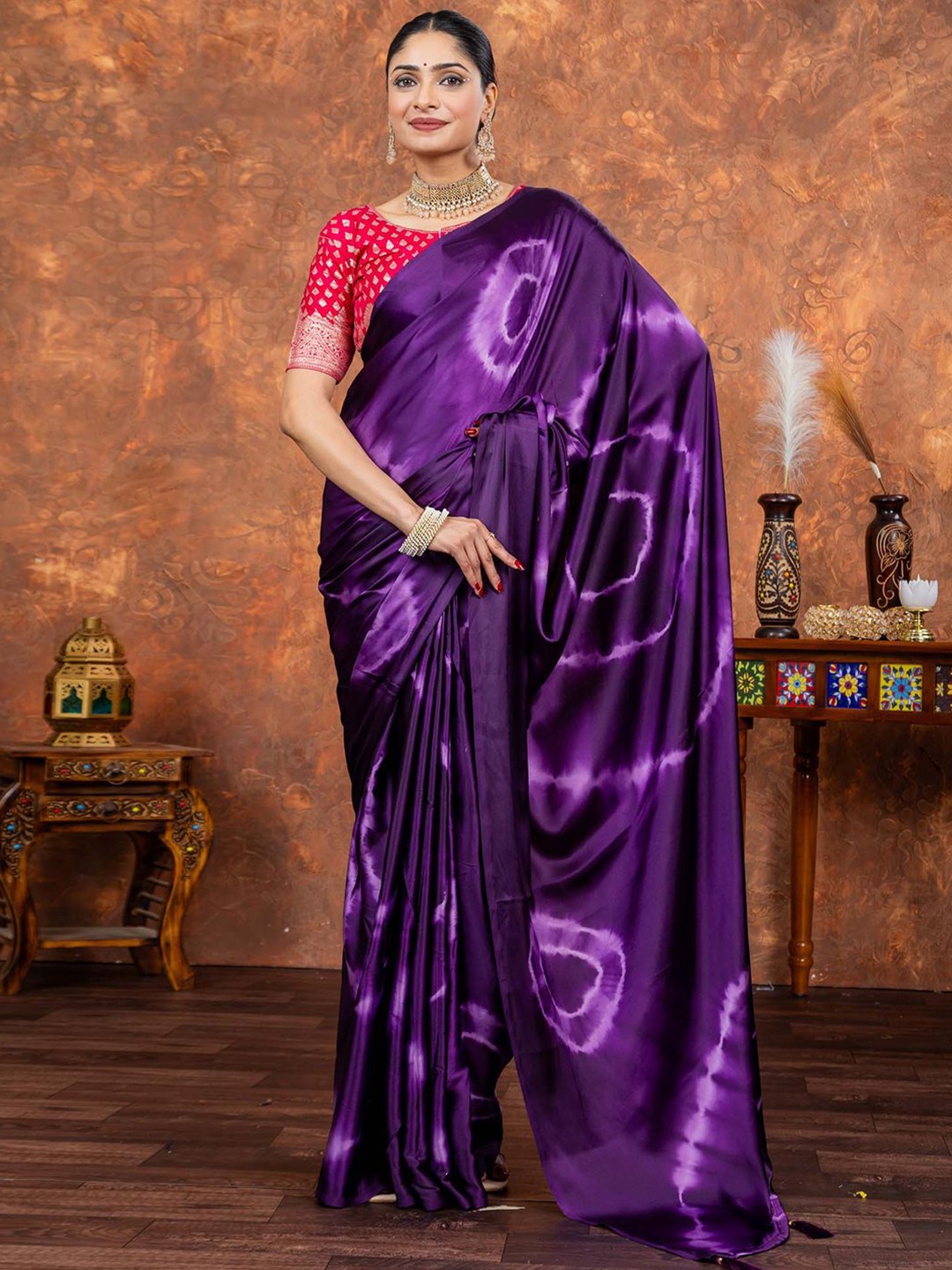

Mitera Tie and Dye Satin Block Print Saree, Purple