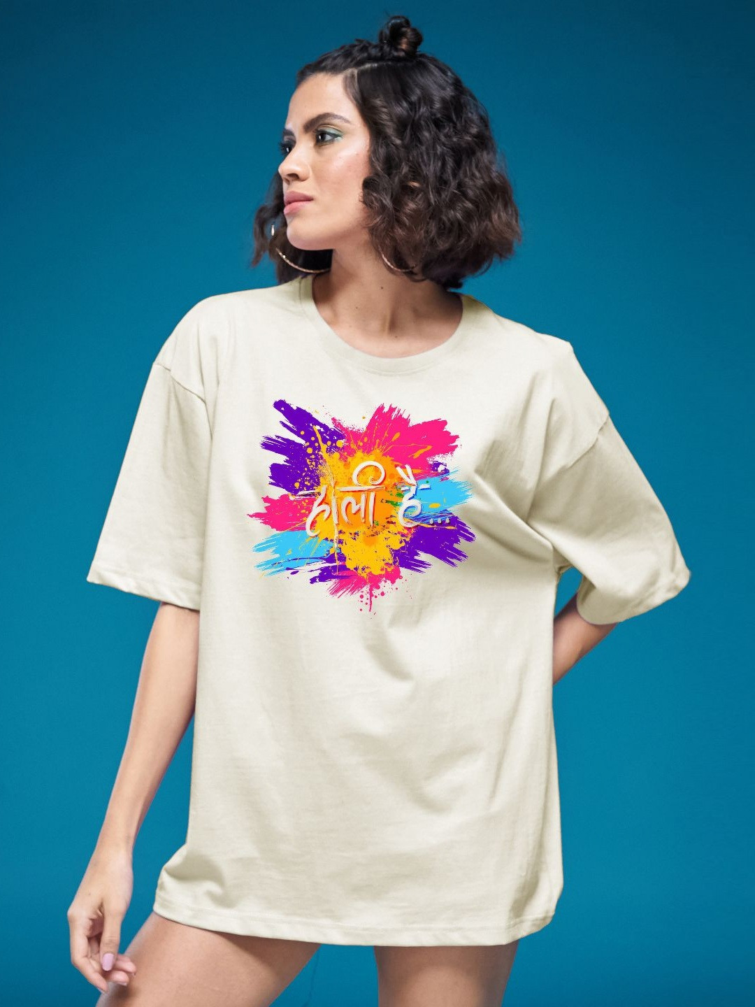 

SMARTEES Women Printed Drop-Shoulder Sleeves Applique T-shirt, Beige