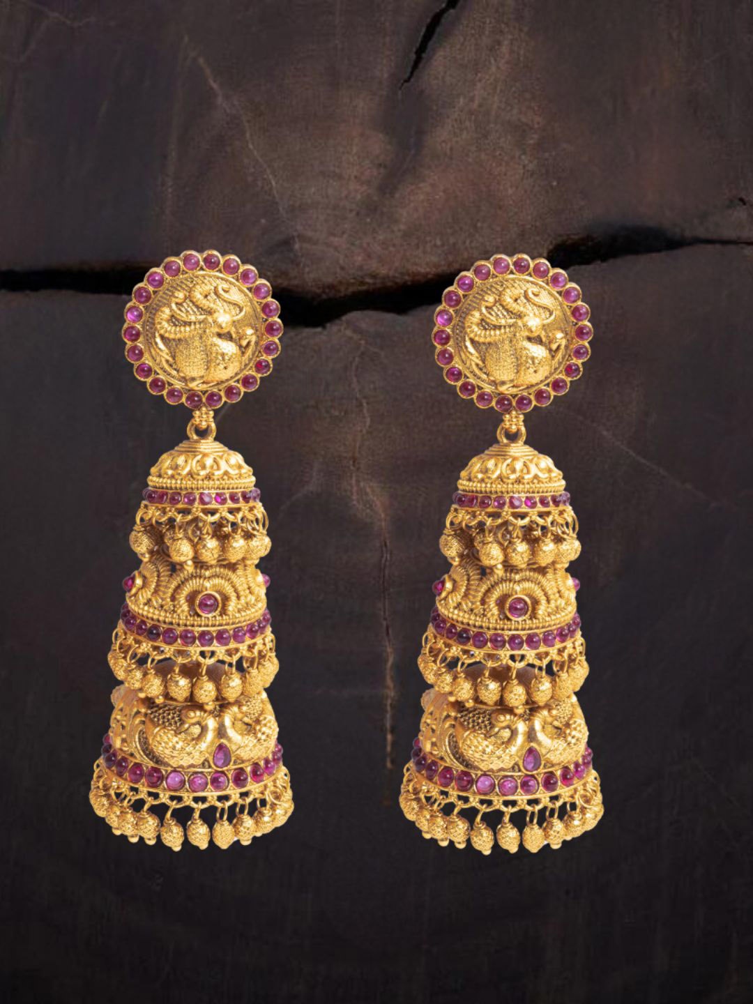 

South Temple Jewellery Gold-Plated Artificial Stoned Studded Dome Shaped Jhumkas