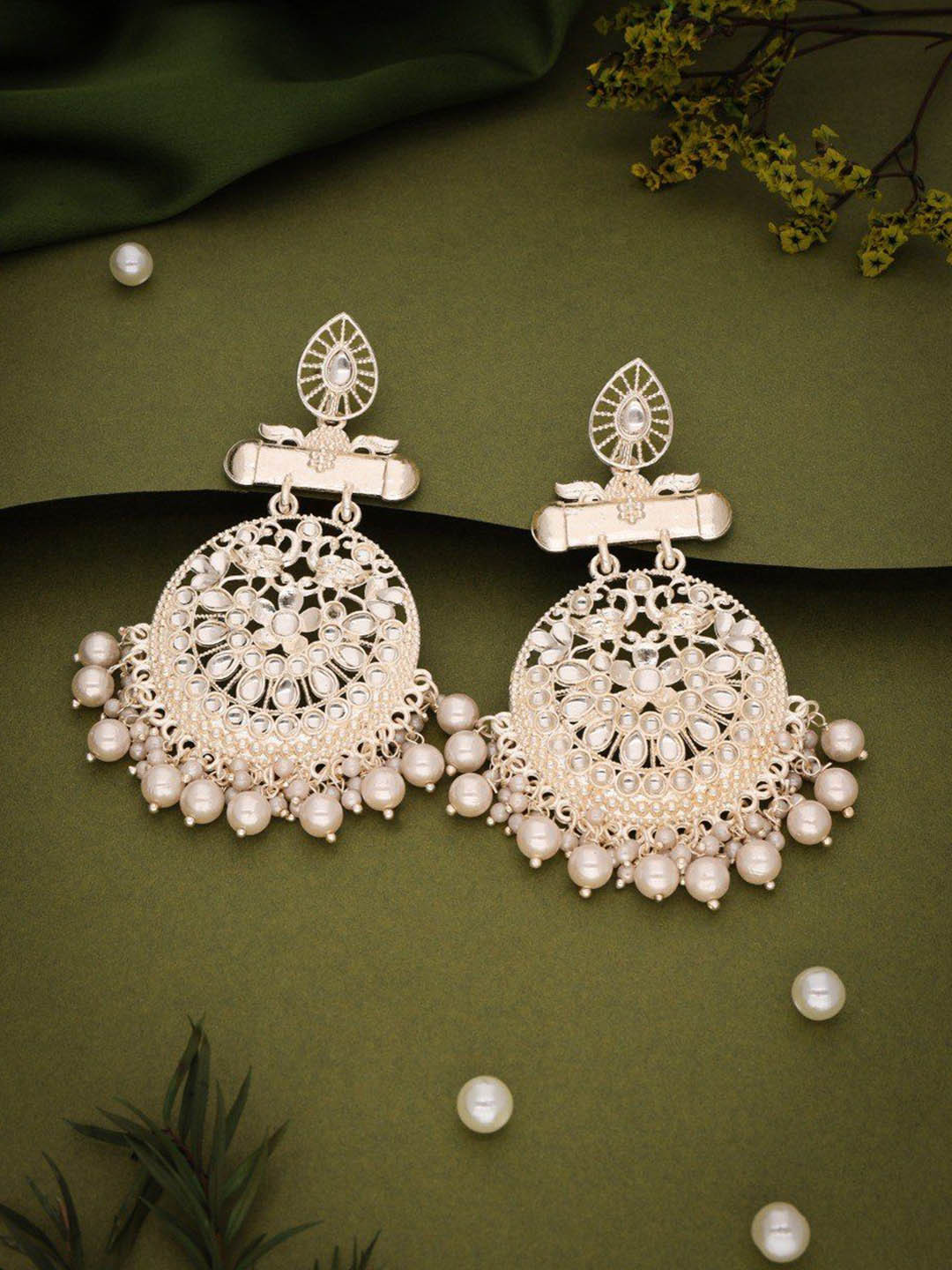 

Lyriss Gold Plated Artificial Stones Studded and Beaded Contemporary Shaped Drop Earrings