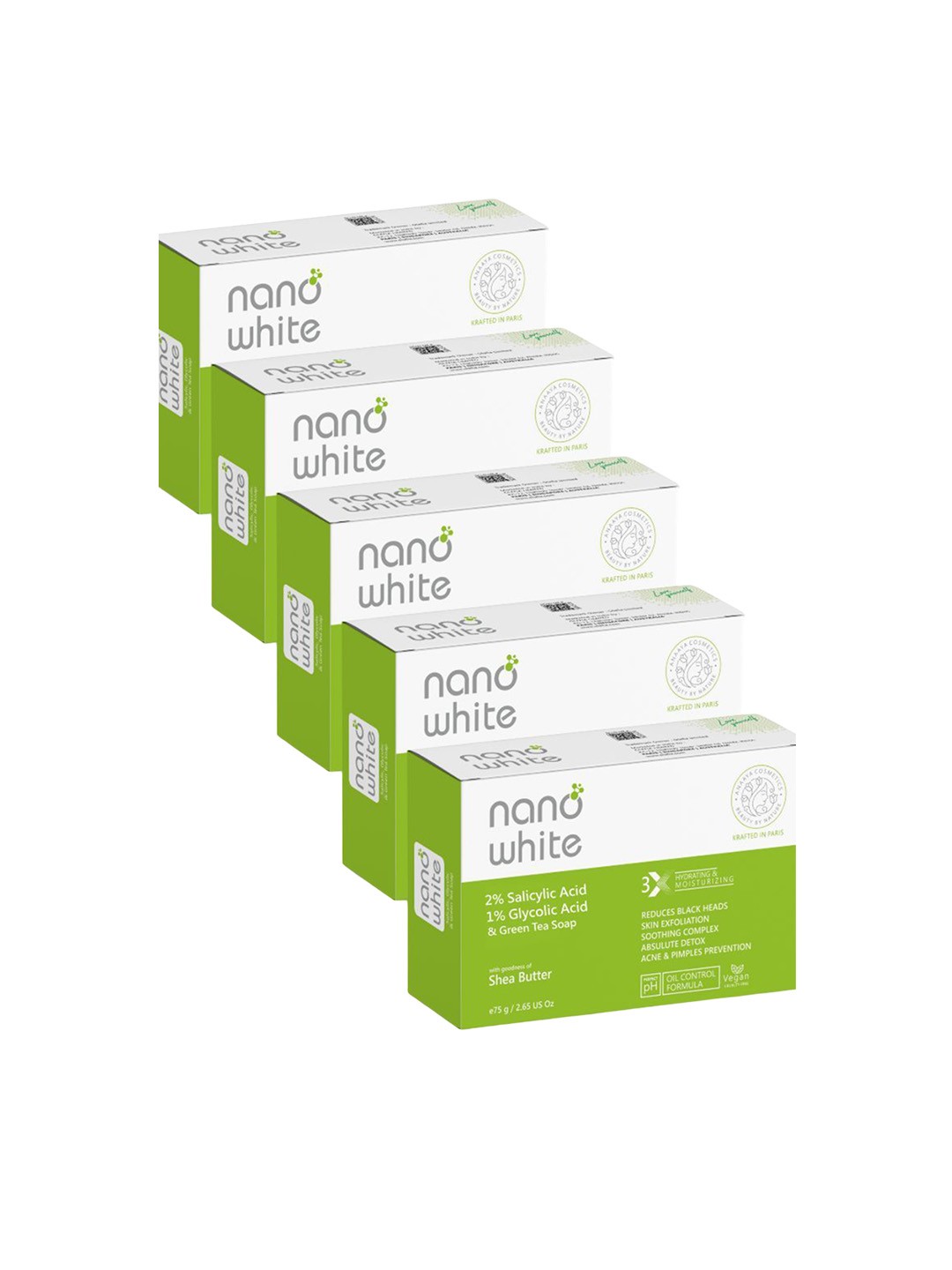 

nano white Set Of 5 Salicylic Acid, Glycolic Acid & Green Tea Soap - 75 g Each
