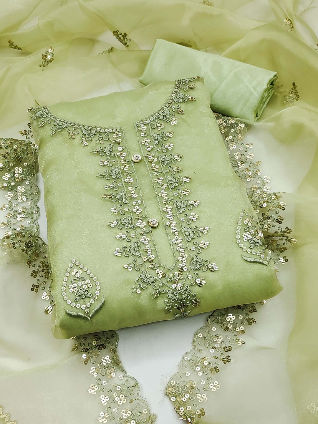 

SAINOOR Floral Embroidered Organza Semi-Stitched Dress Material, Green