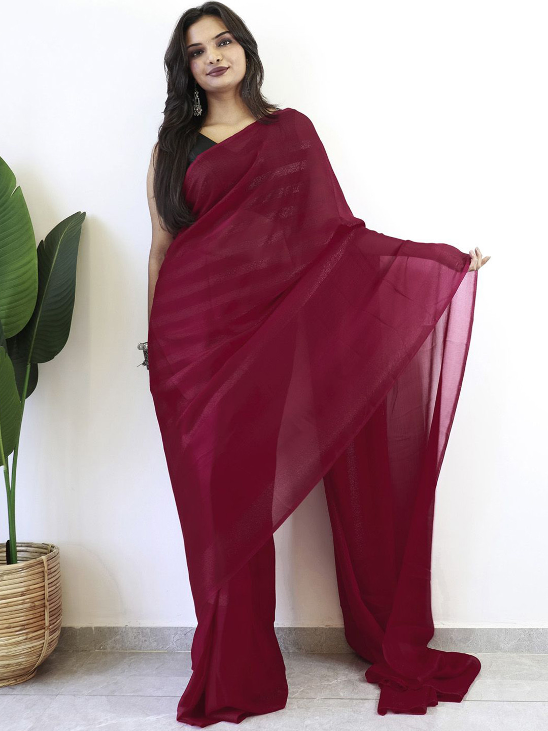 

Mitera Striped Poly Georgette Ready to Wear Saree, Pink