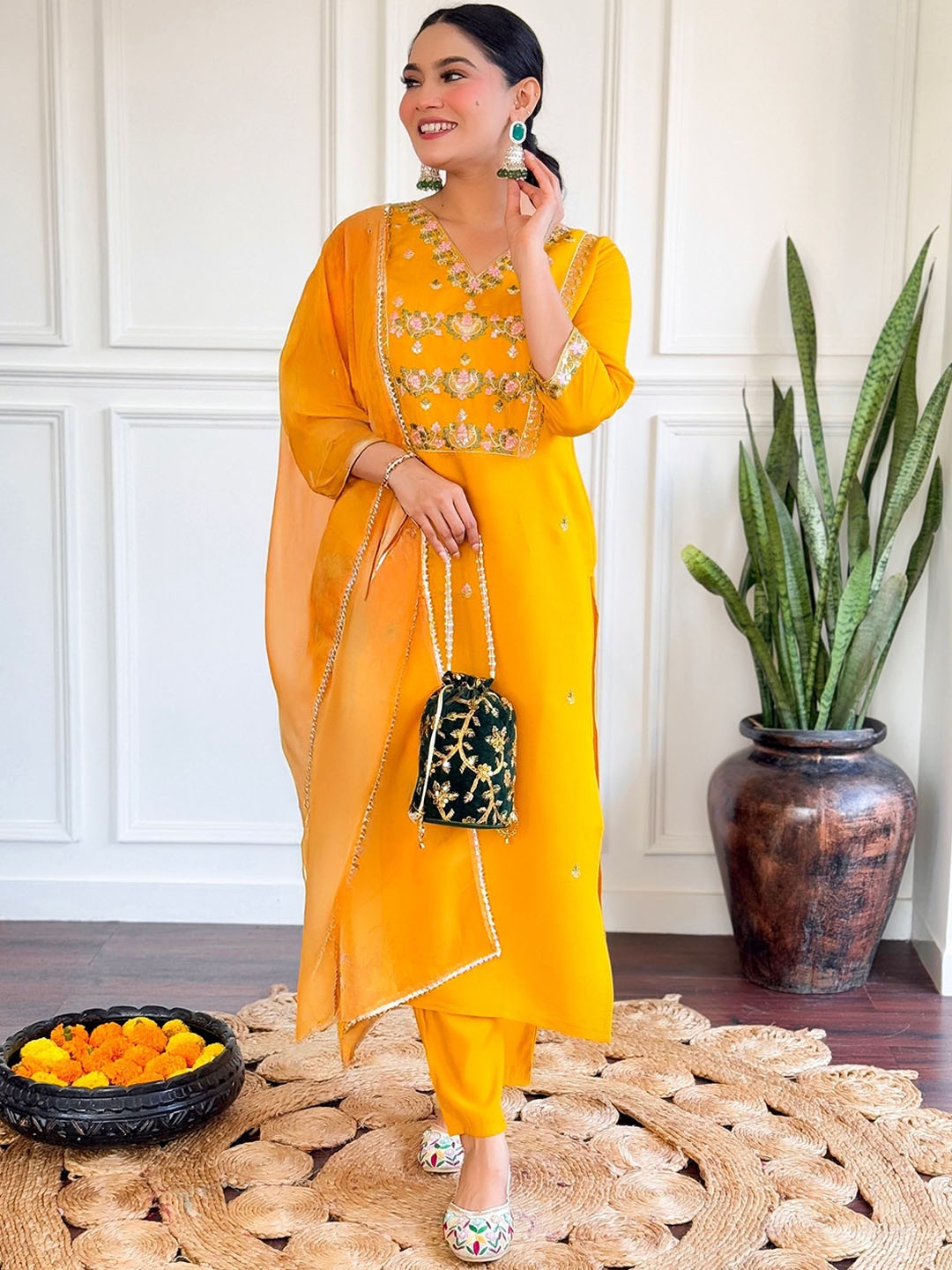 

NIZA FASHION Women Floral Embroidered Silk Kurta with Trousers & With Dupatta, Yellow