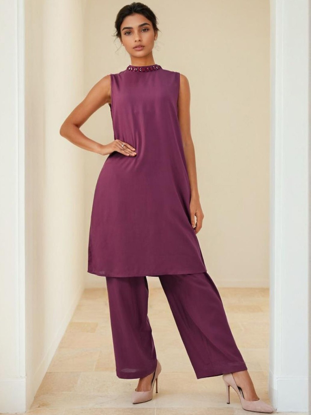 

Dora Dori High Neck A-Line Tunic & Palazzos, Magenta