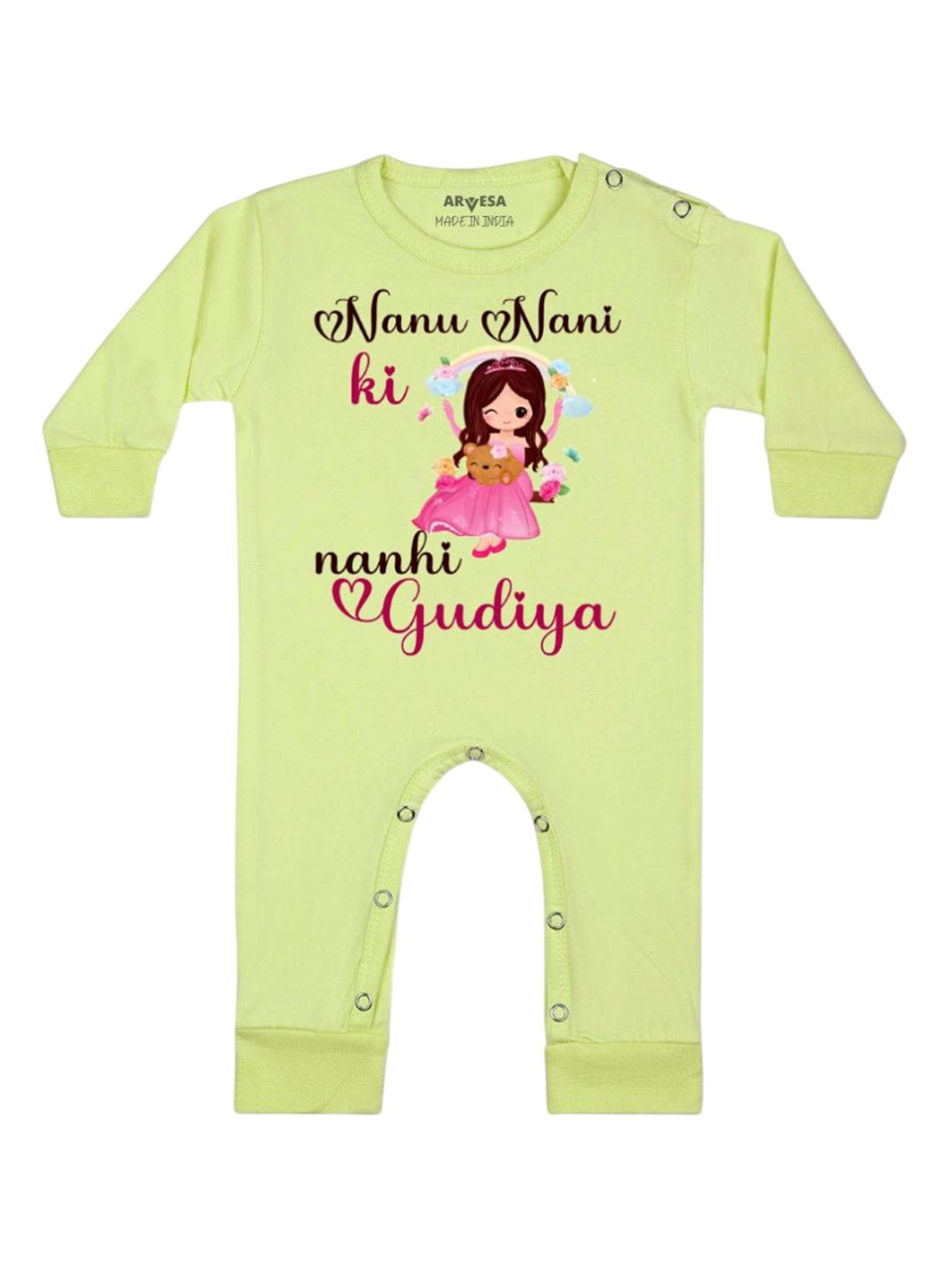 

Arvesa Kids Nana Nani Ki Nani Gudiya Printed Baby Romper, Yellow